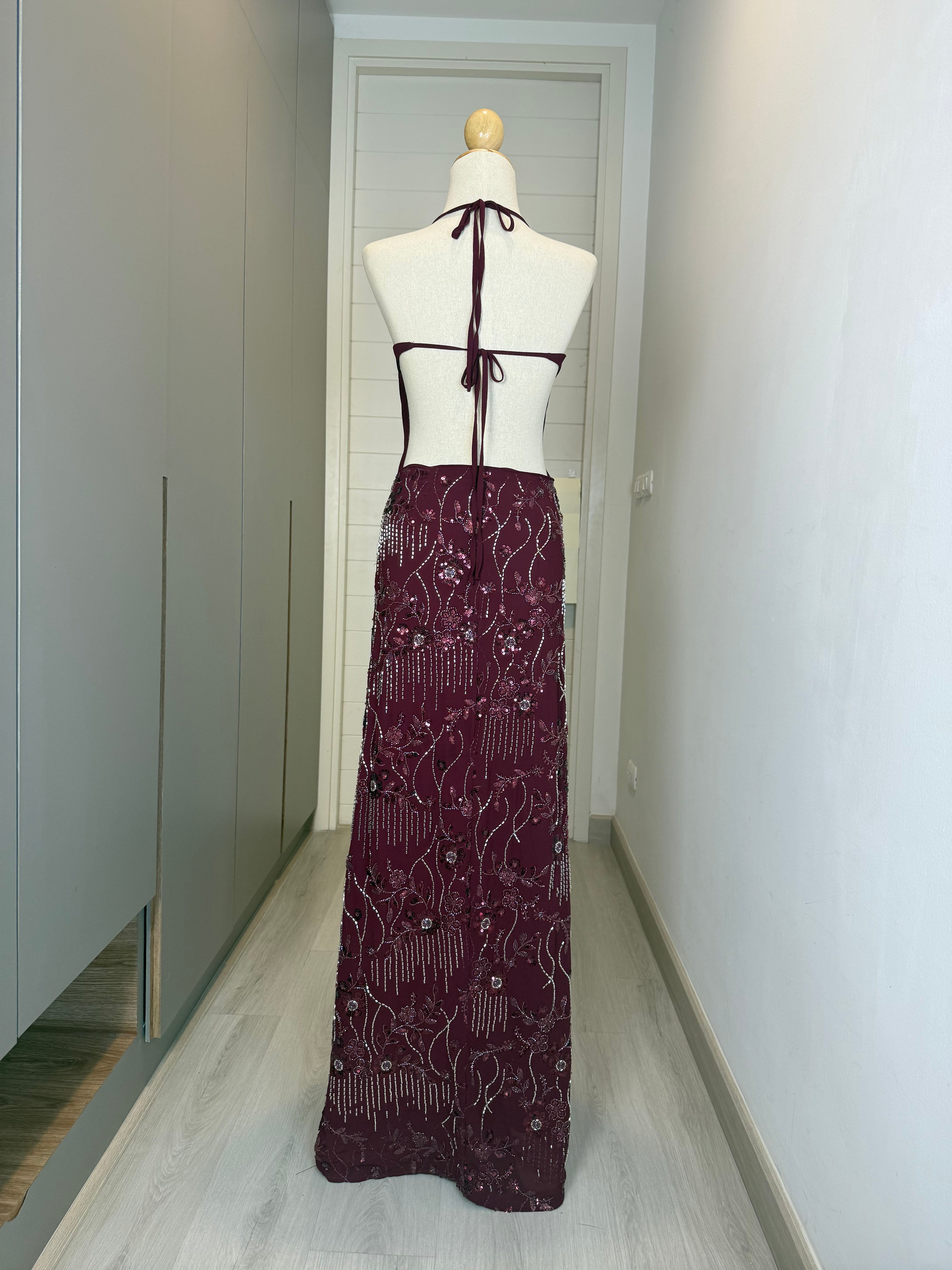 V158 Peppermayo Burgundy Halter Beaded Dress (XS-S)