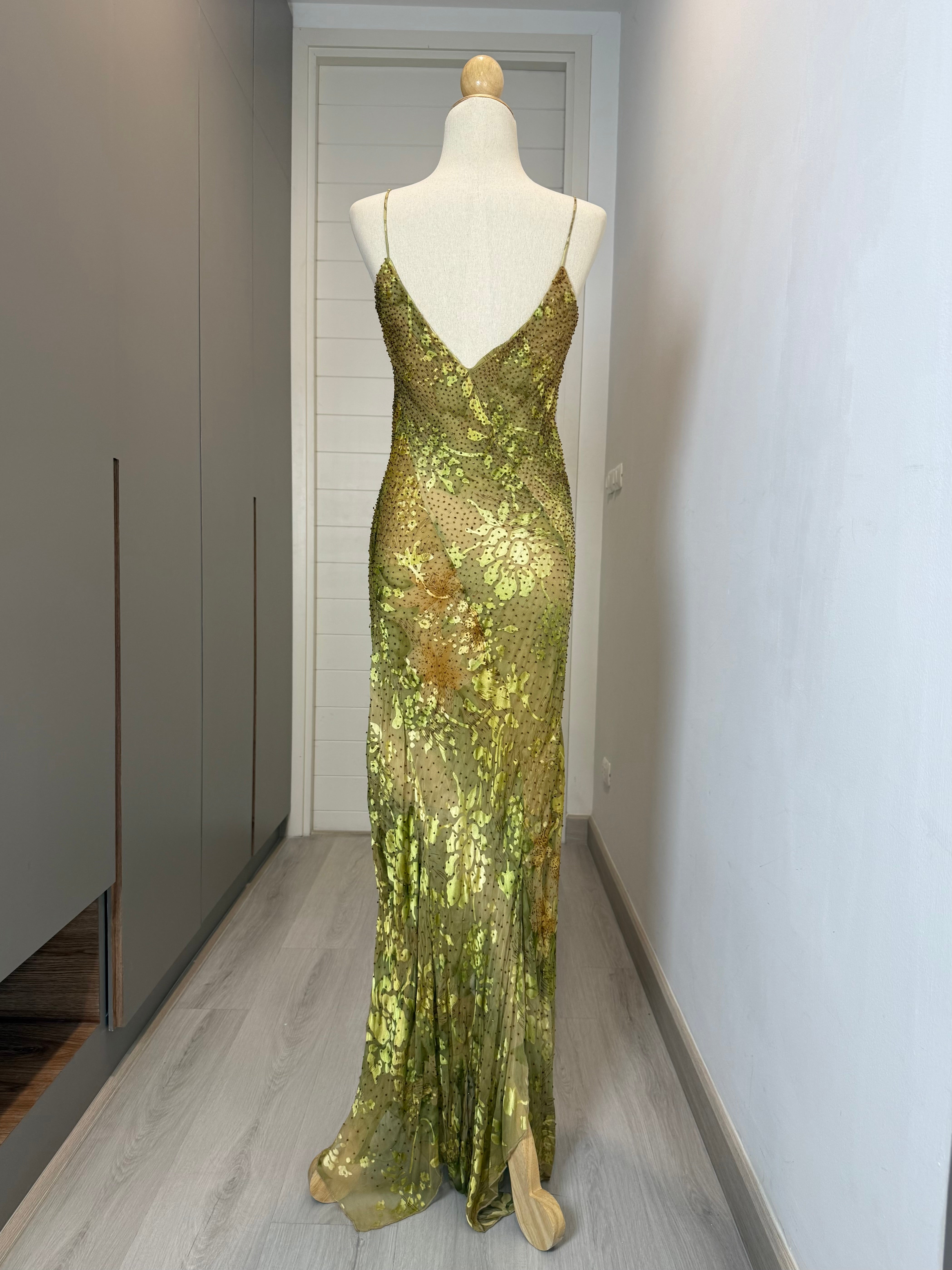 V184 Vintage Lexus Olive Bloom Burnout Dress (XS–S)