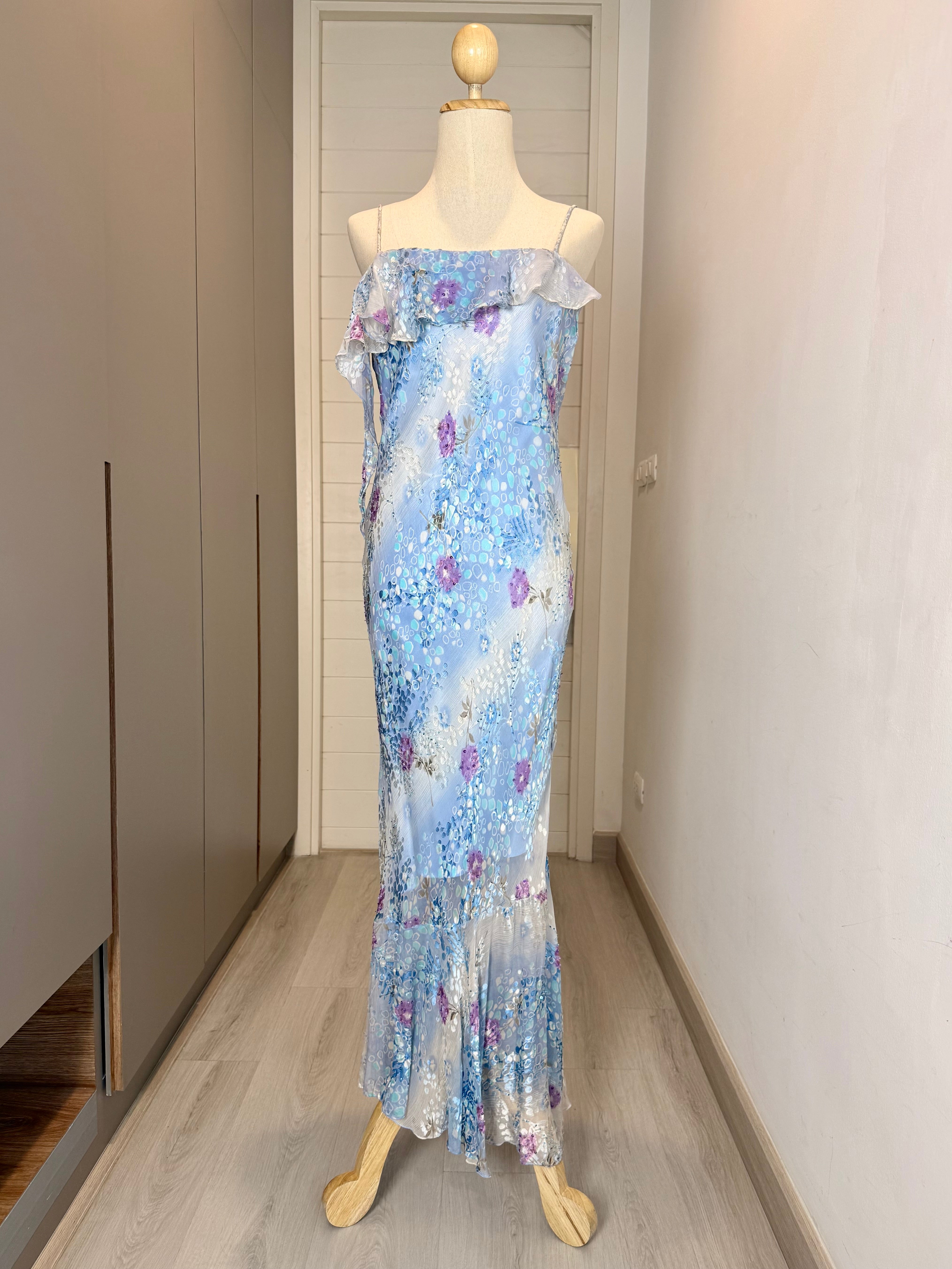 V269 Vintage Lillie Rubin Bluebell Mist Ruffle Gown (S-M)