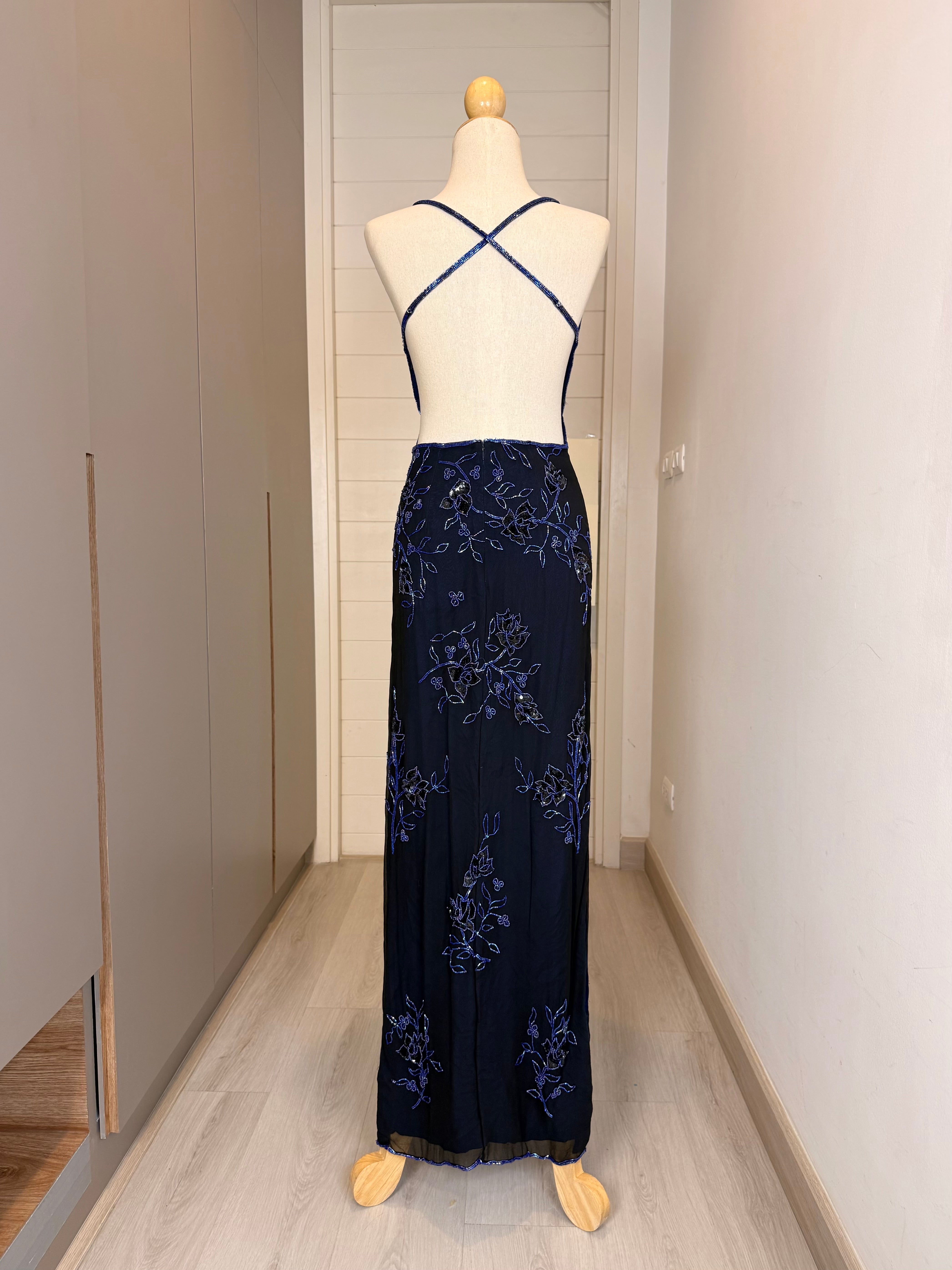 V316 Vintage Sean Collection Midnight Blue Floral Beaded Backless Gown (XS)