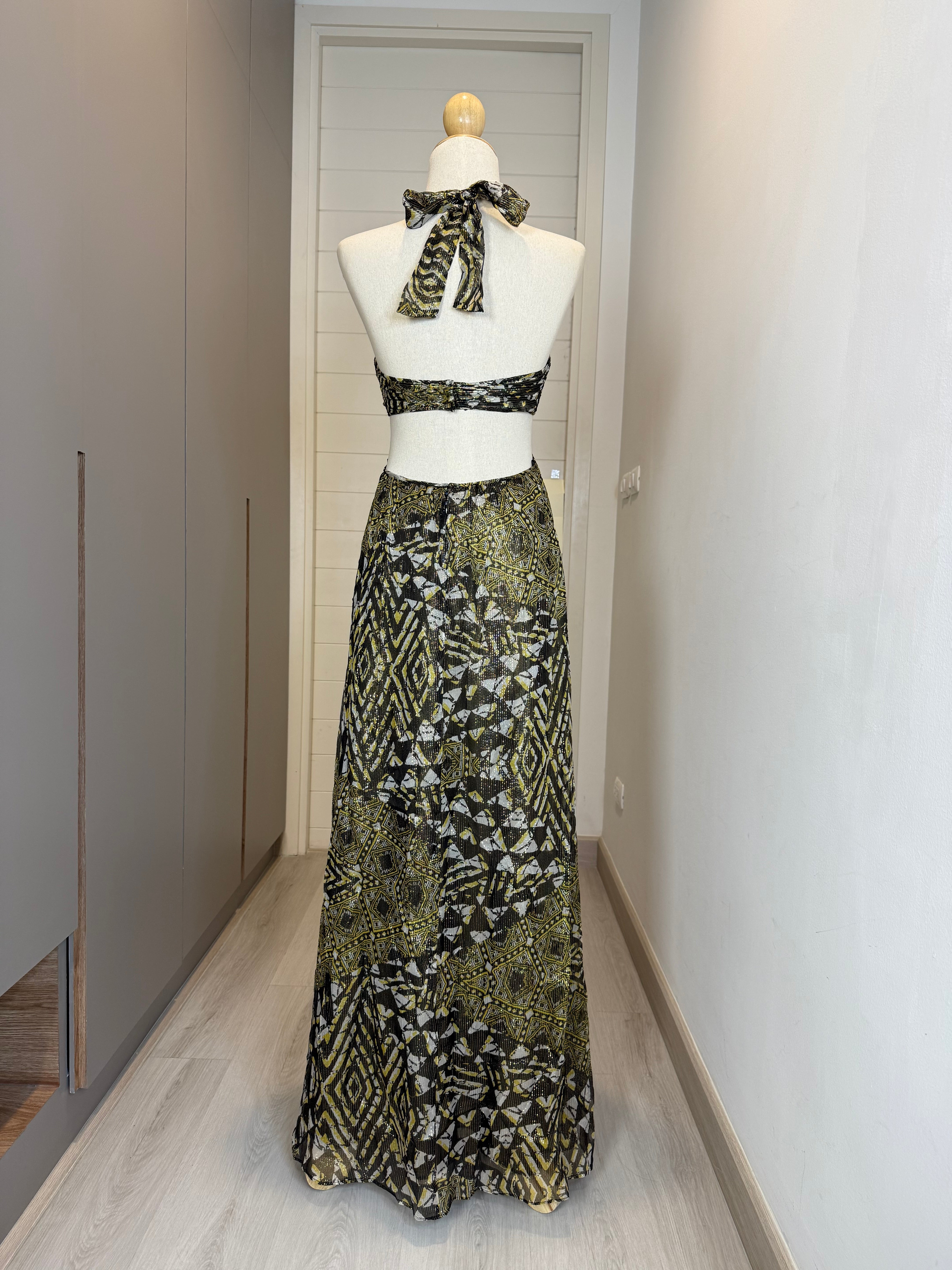 V130 Vintage Halter Cut-Out Dress – Tribal Metallic Print (XS-S)