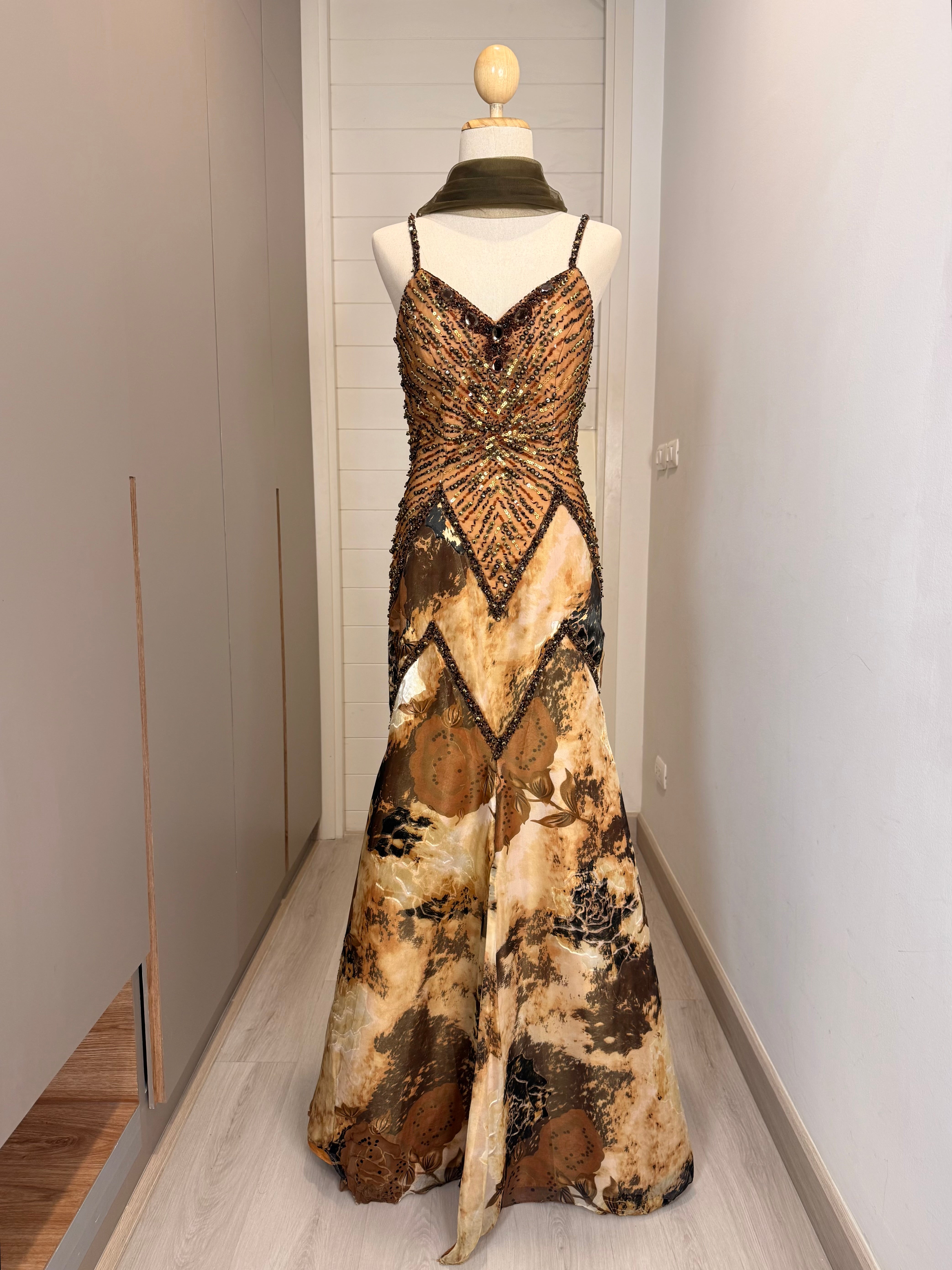 V270 Vintage Bronze Mirage Beaded Gown (S-M)