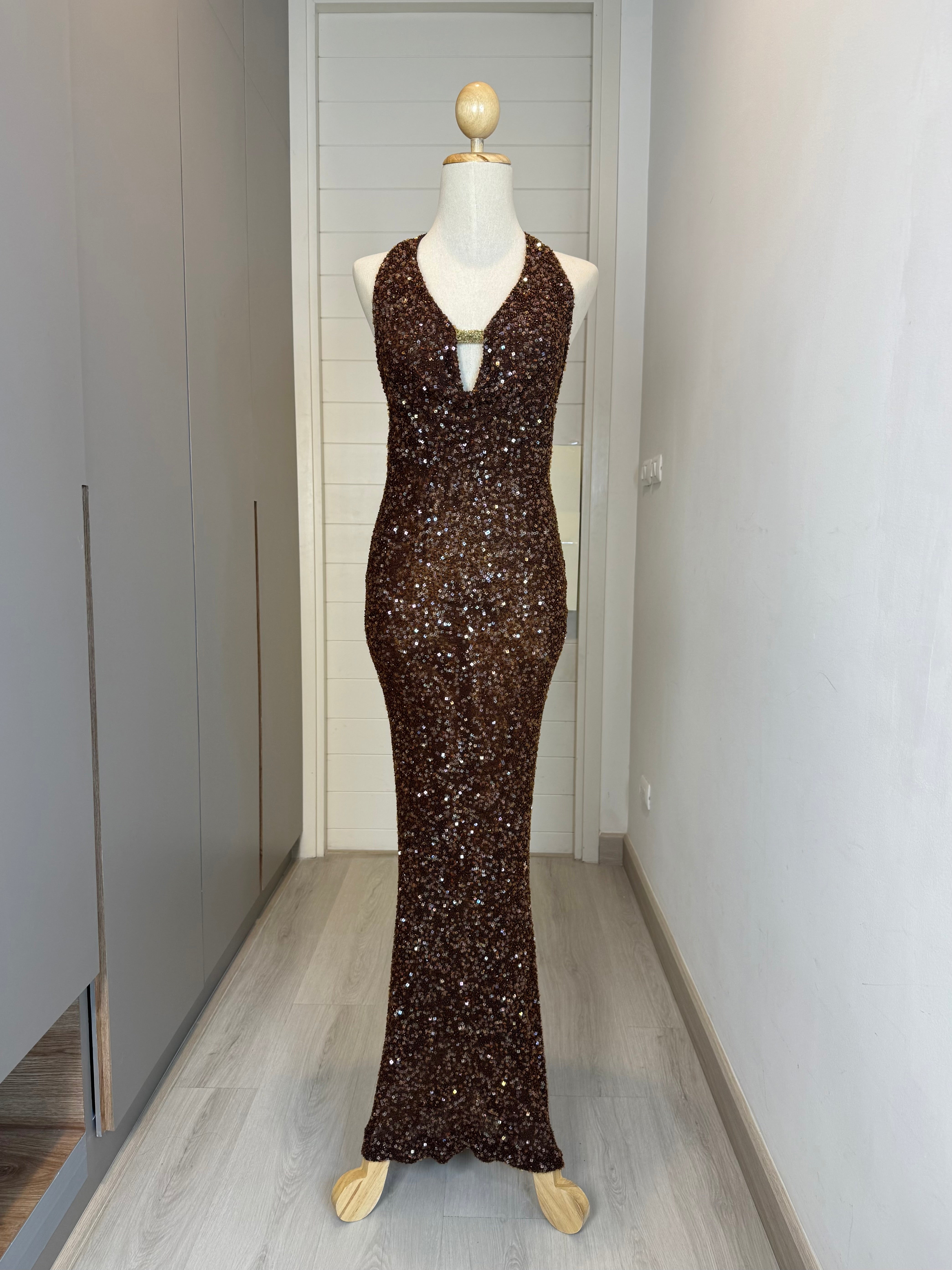 V248 Vintage Scala Chocolate Sequin Halter Gown (S)