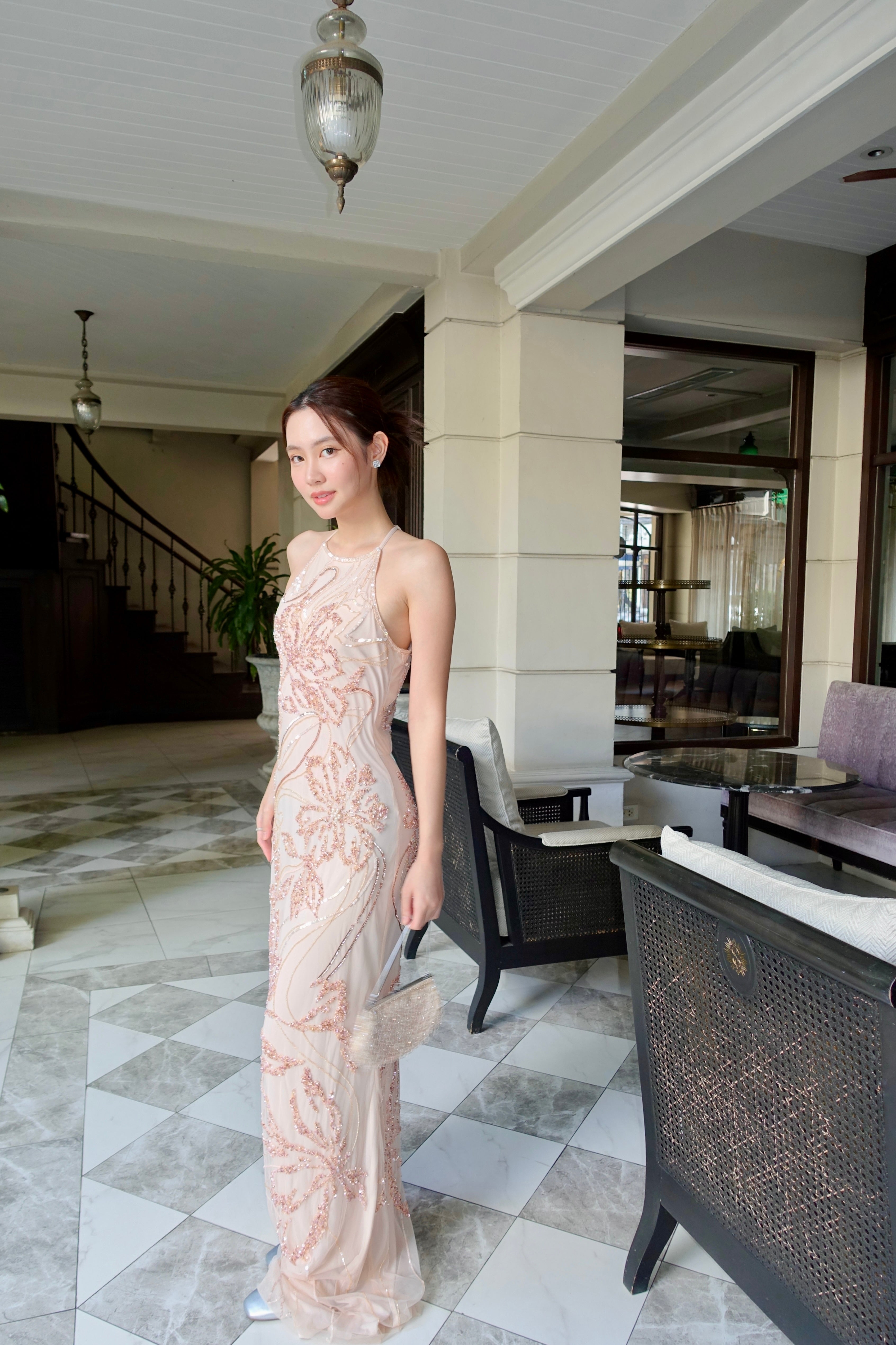 V266 Vintage Rare Rosegold Floral Beaded Halter Gown (XS–S)