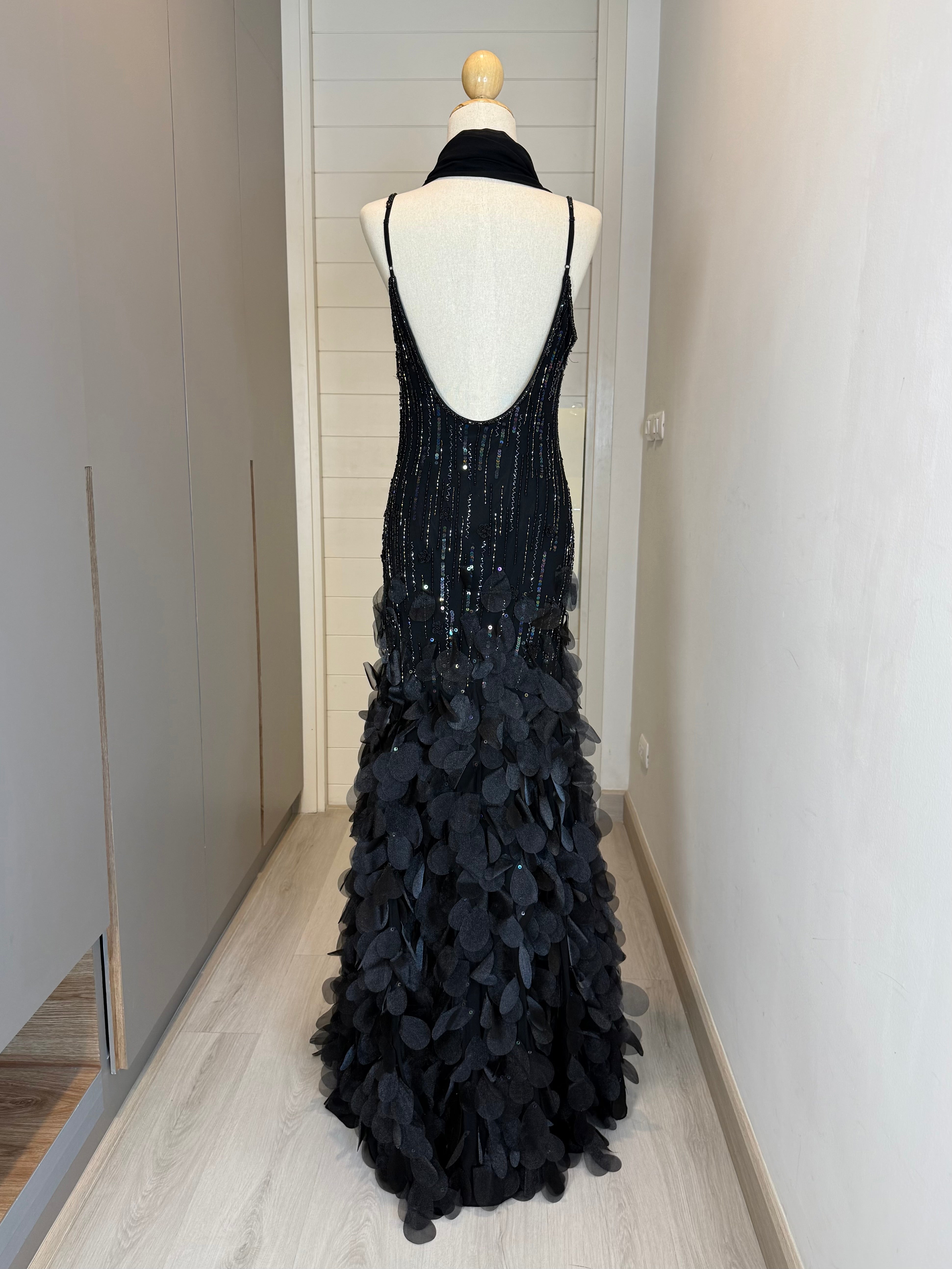 V252 Vintage Sue Wong Midnight Petal Gown (S–M)