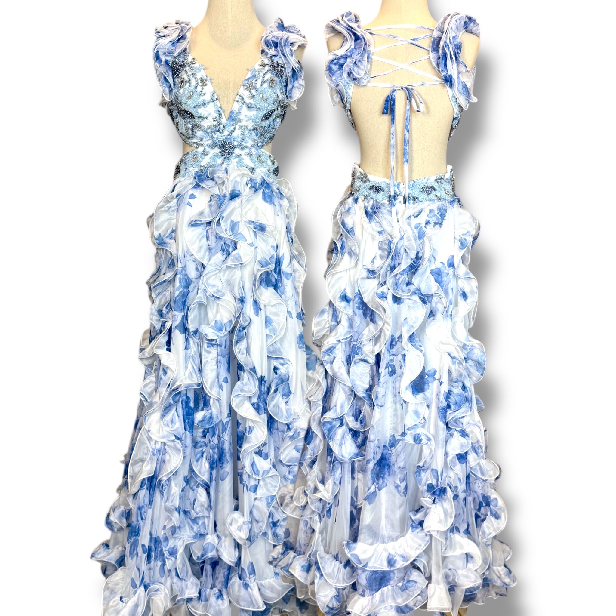 V242 Vintage-Style Mac Duggal Blue Ruffle Gown (XS–S) *ตัดความยาวพิเศษสำหรับสาว Petite*