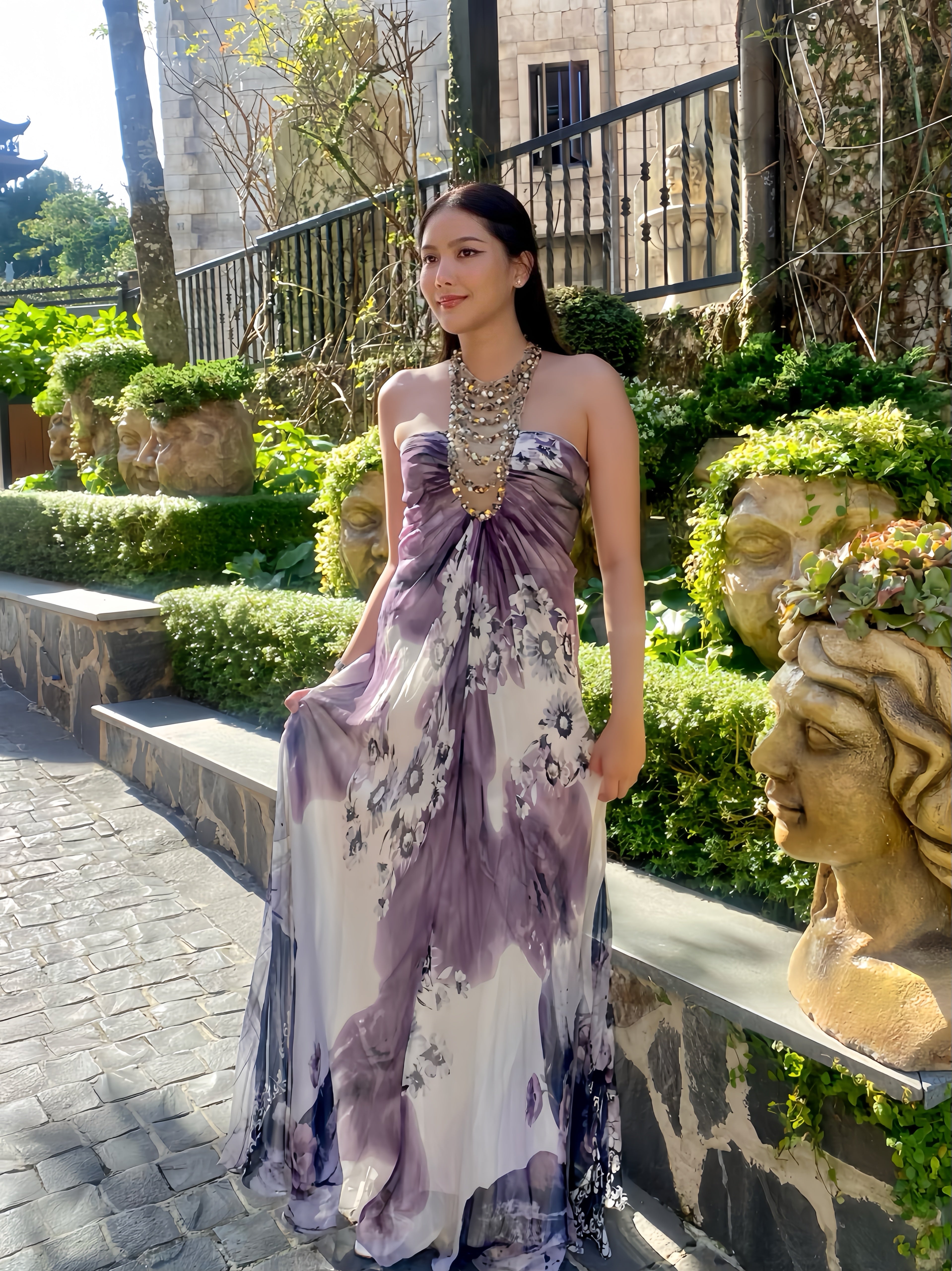 V147 Lavender Bloom – Spanish Vintage Draped Halter Dress (S-M)