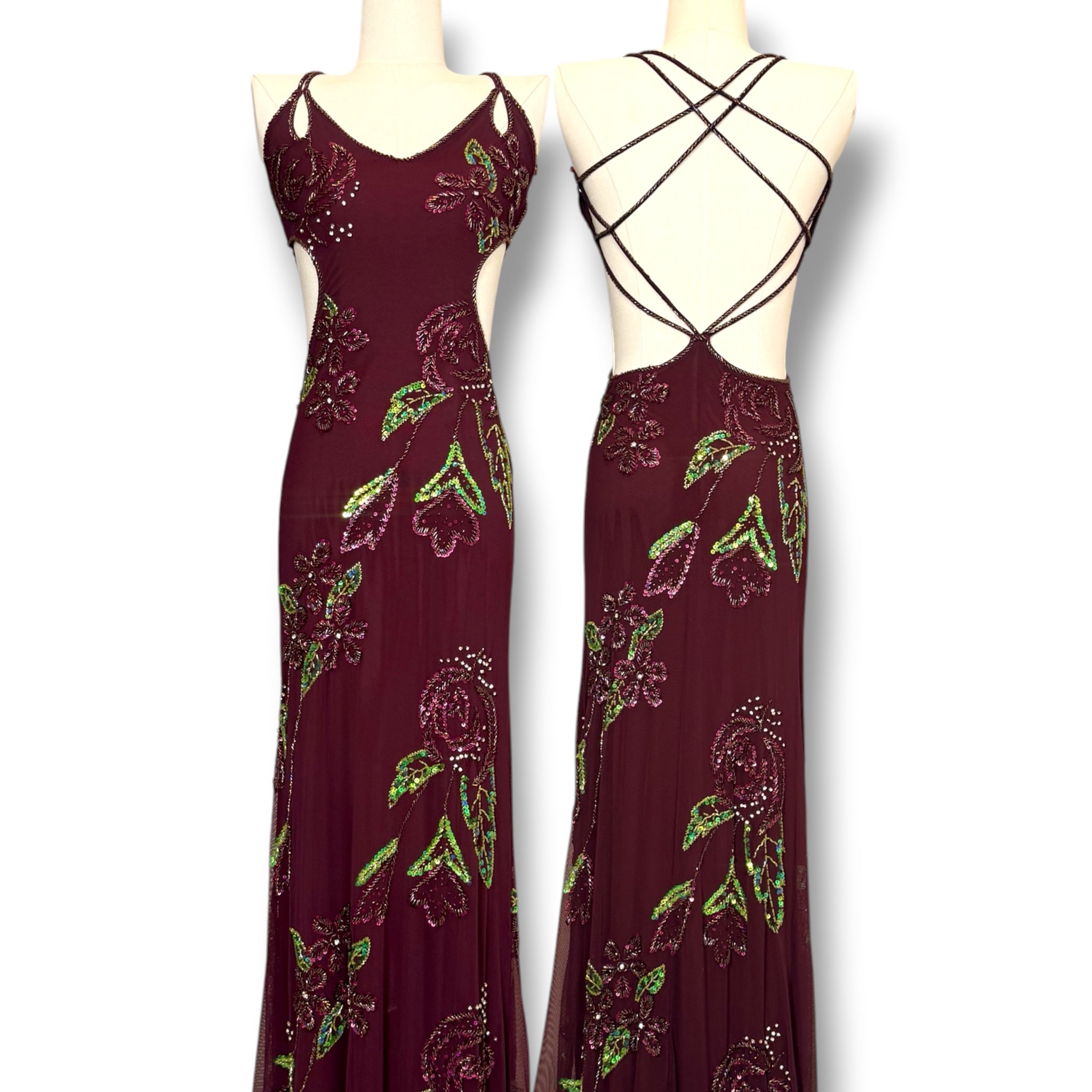V321 Vintage Attitudes by Debra Burgundy Garden Beaded Strappy Back Gown (XXS)
