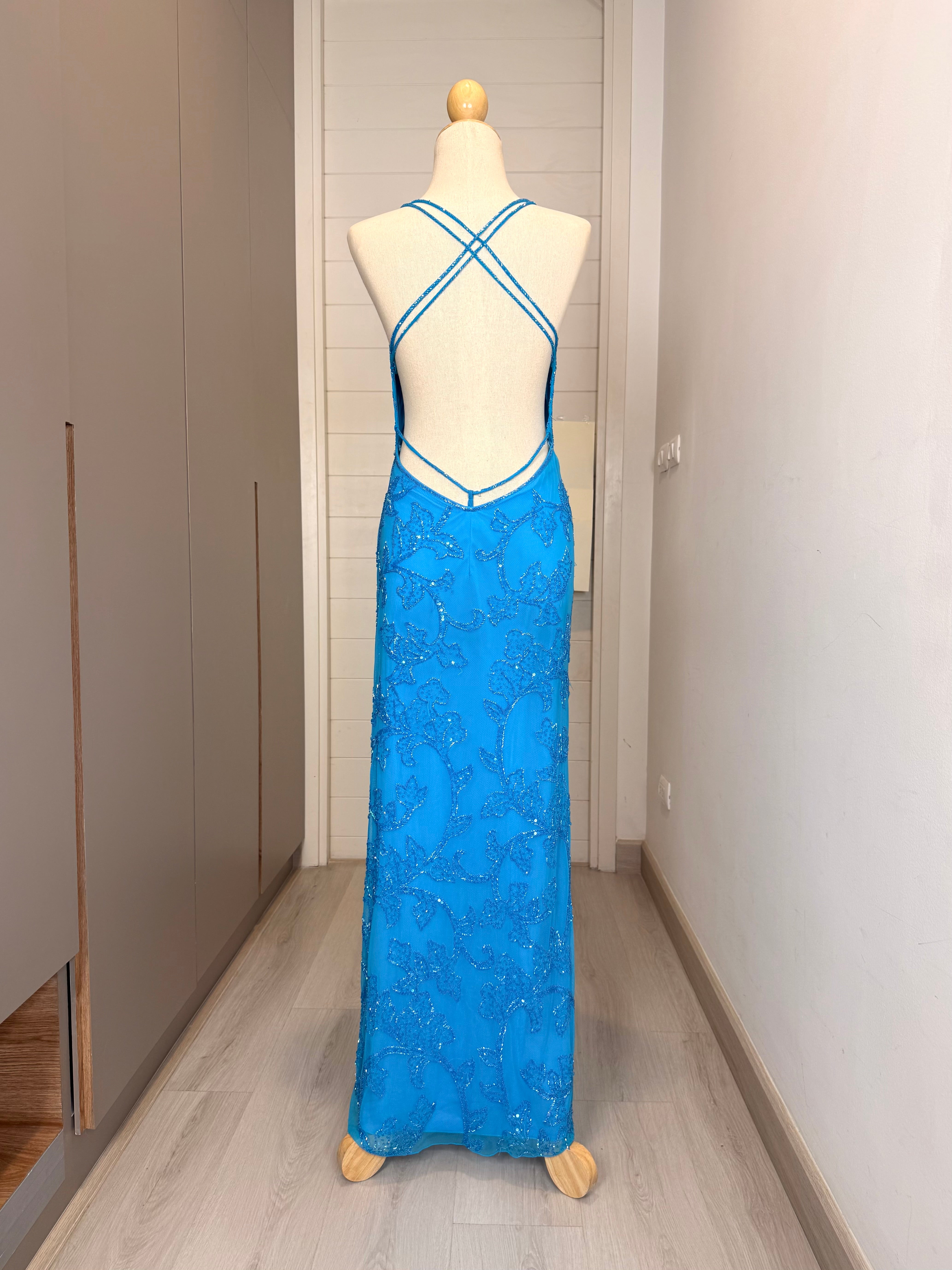 V308 Vintage Cache Azure Blossom Beaded Gown (XS-S)