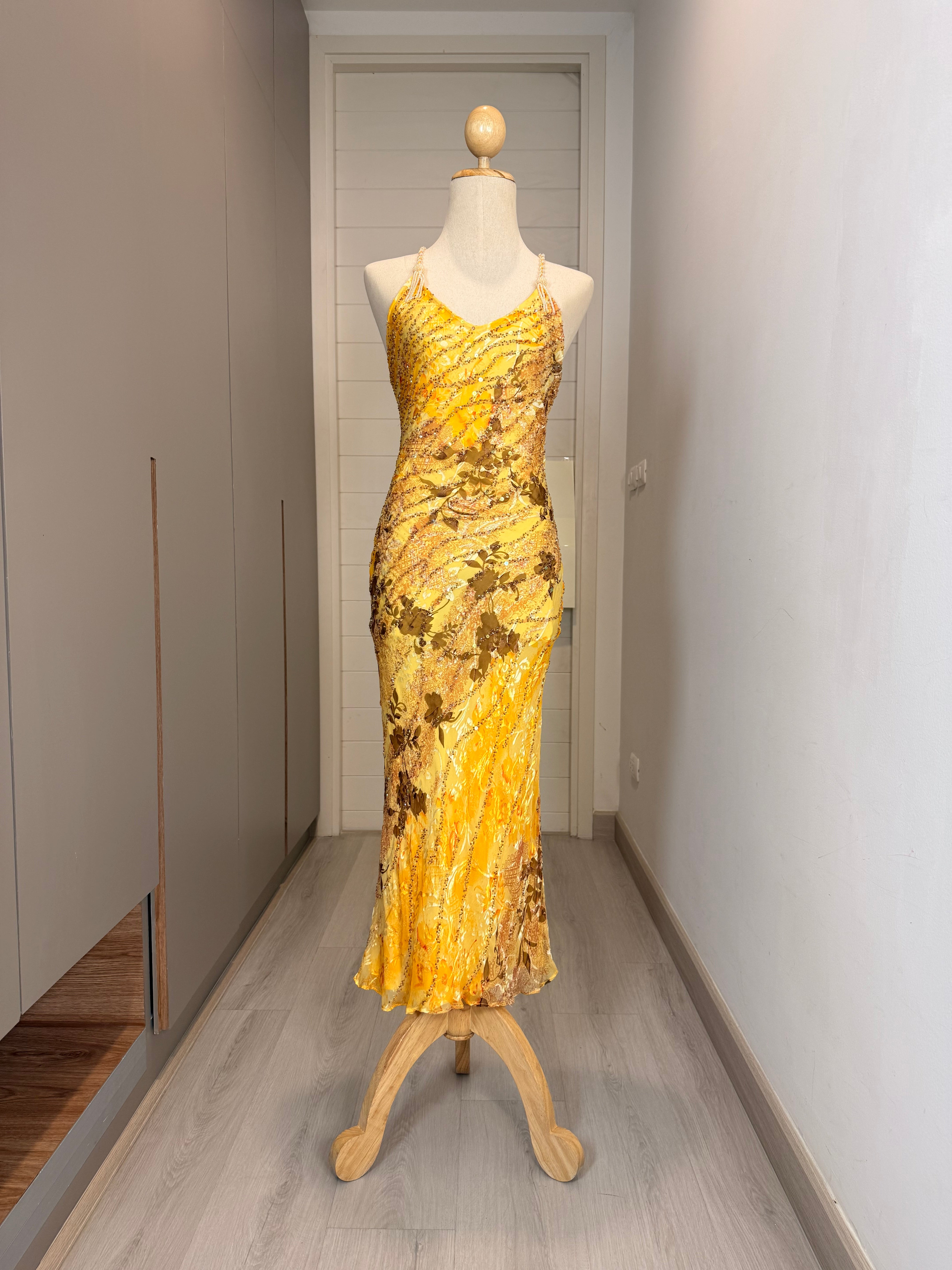 V299 Vintage Cache Golden Sunflower Silk Gown (XS) *ตัดความยาวพิเศษ สำหรับสูง 150-155 ซม*
