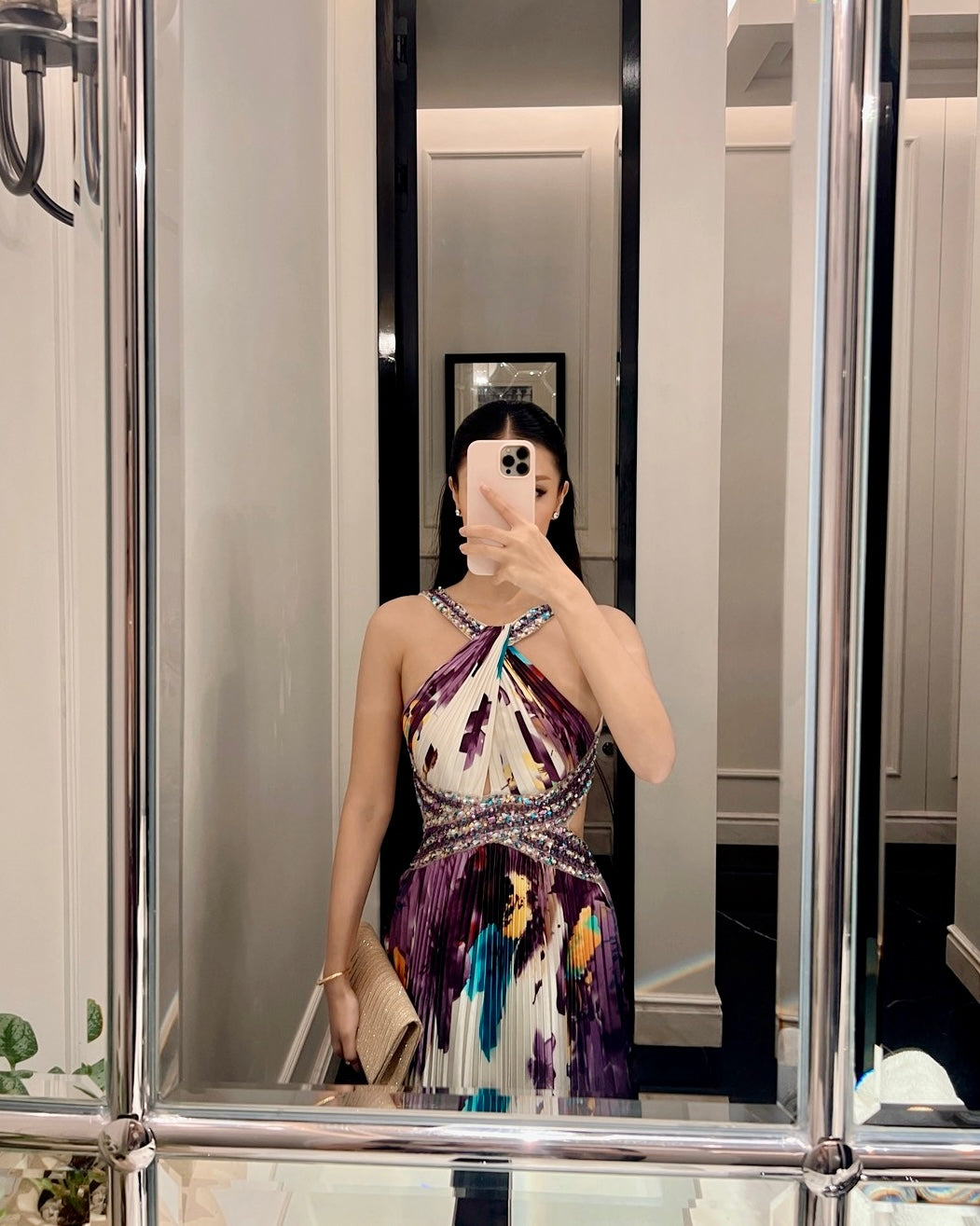 V201 Vintage Dave and Johnny Violet Floral Pleated Gown (XS-S) *ตัดความยาวพิเศษสำหรับสาว Petite*