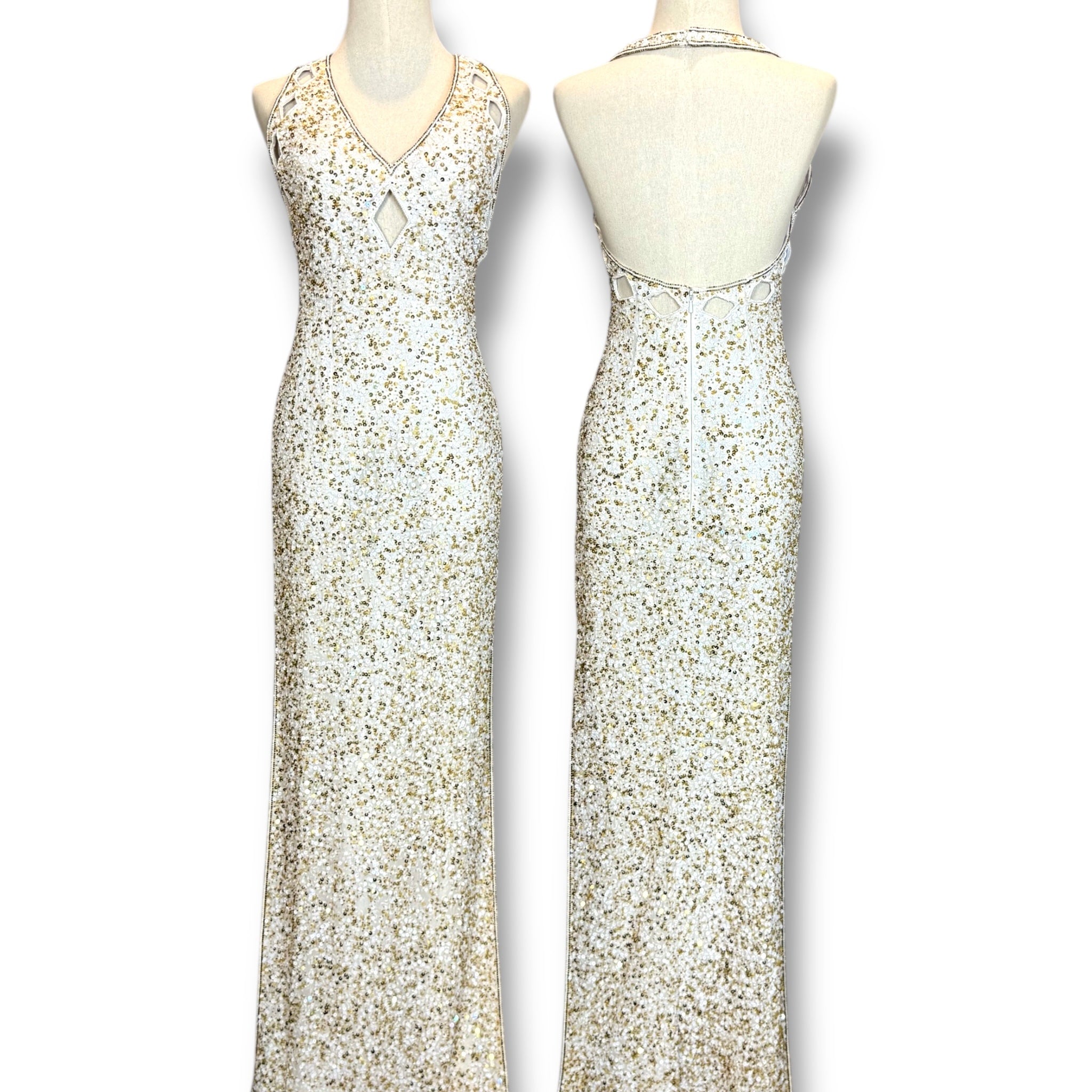 V250 Vintage Scala White & Gold Crystal Column Dress (XS)