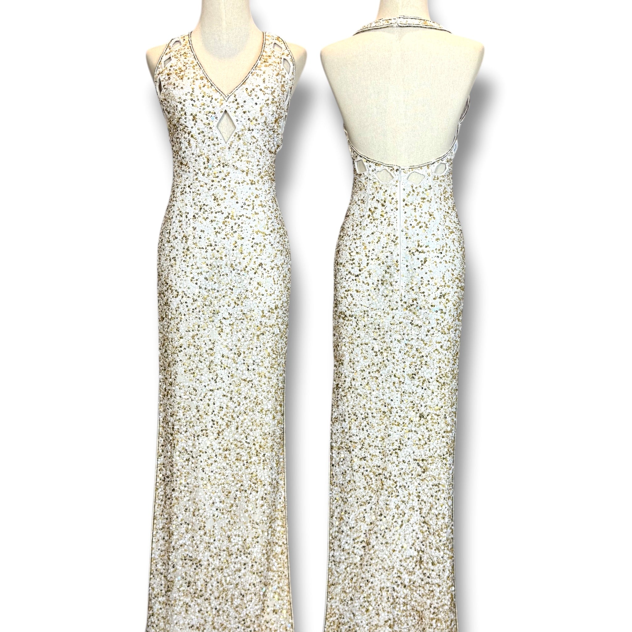 V250 Vintage Scala White & Gold Crystal Column Dress (XS)