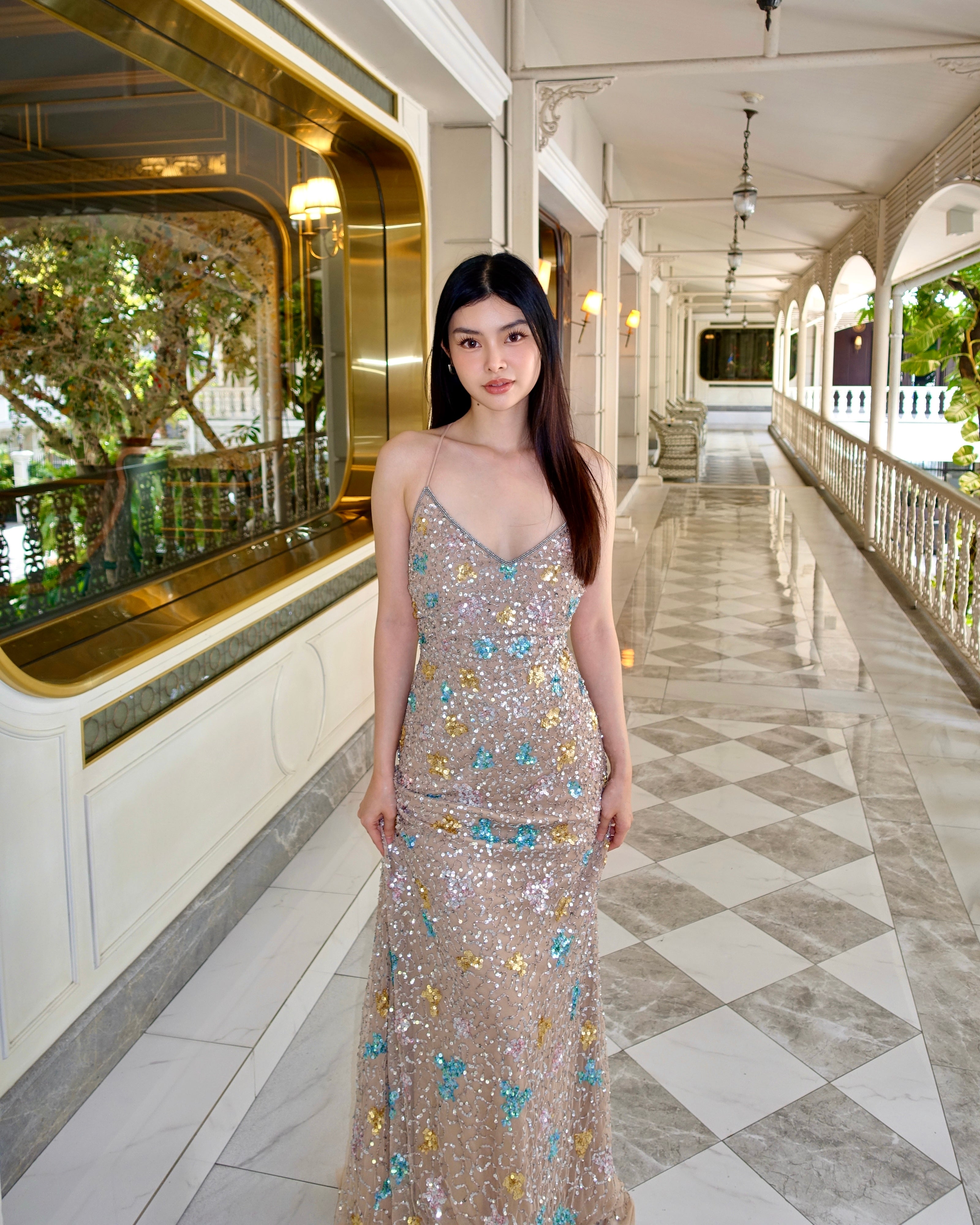 V265 New Design Primavera Couture Champagne Multi-Color Lace-Up Sequin Gown (XS–S)