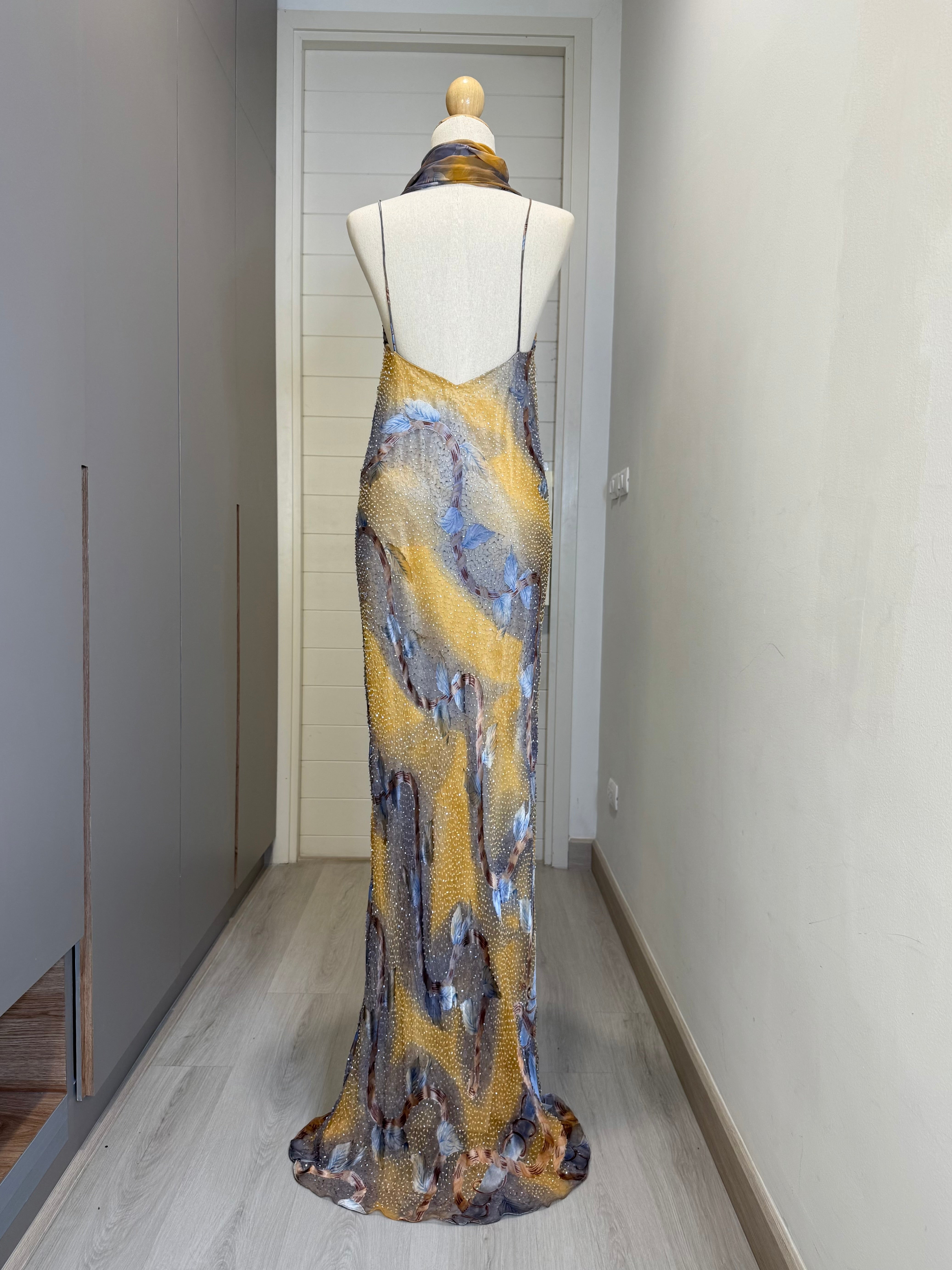 V227 Vintage Golden Dusk Floral Scarf Slip Dress (XL)