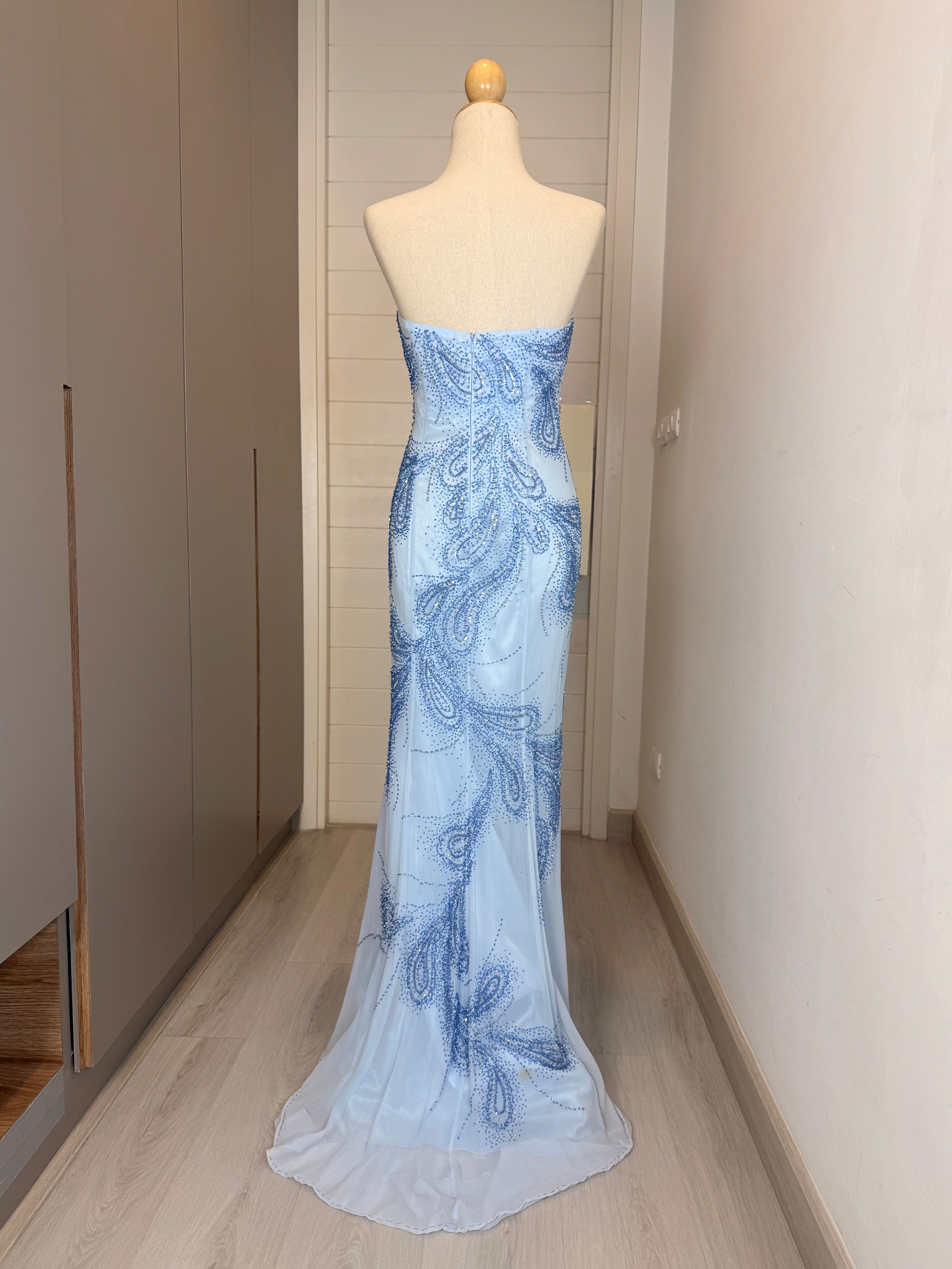 V323 Vintage Dusty Blue Paisley Crystal Strapless Gown (S)