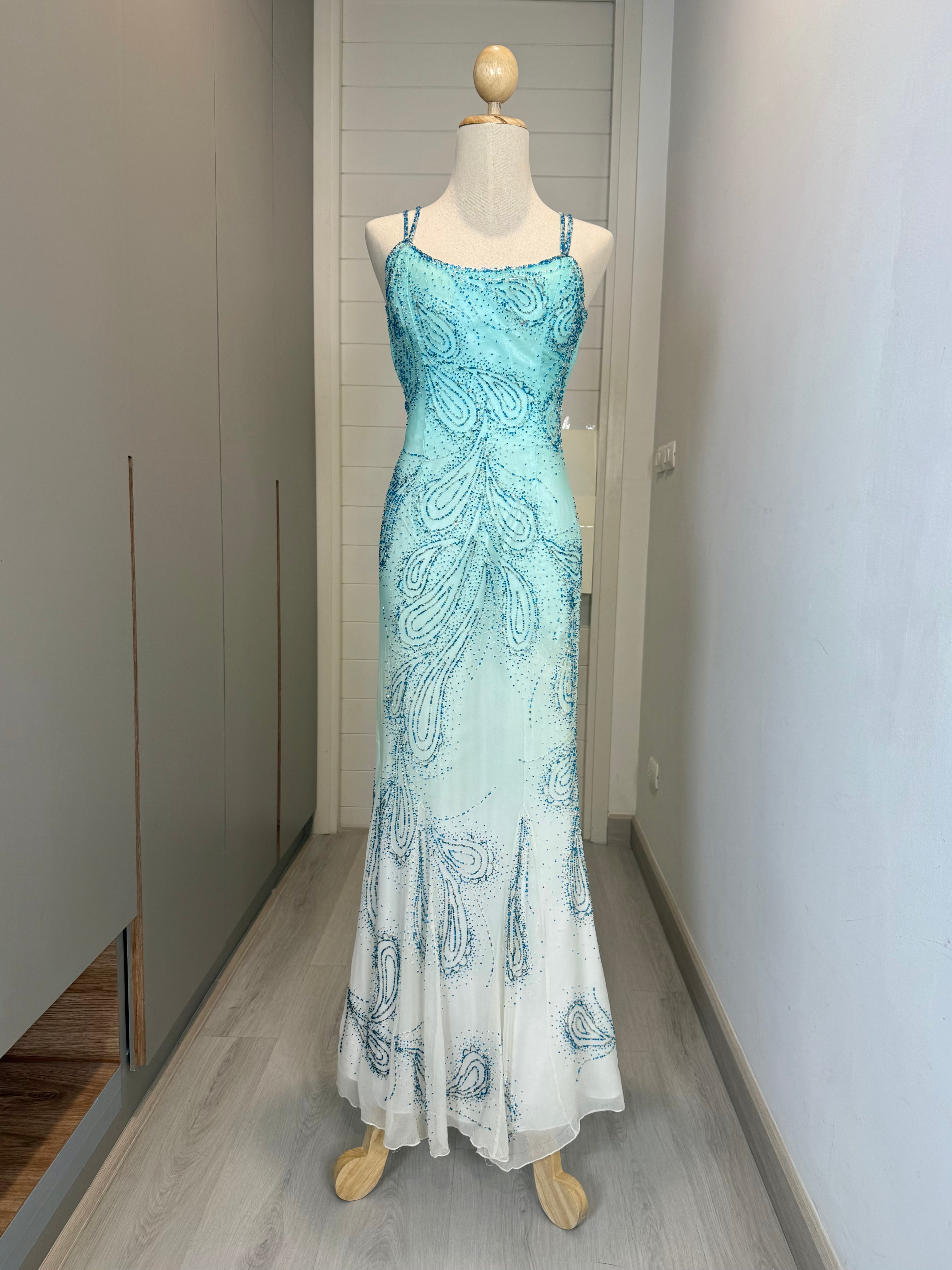 V252 Vintage Glacier Glow Crisscross Back Gown (XS) *ตัดความยาวพิเศษสำหรับสาว Petite*