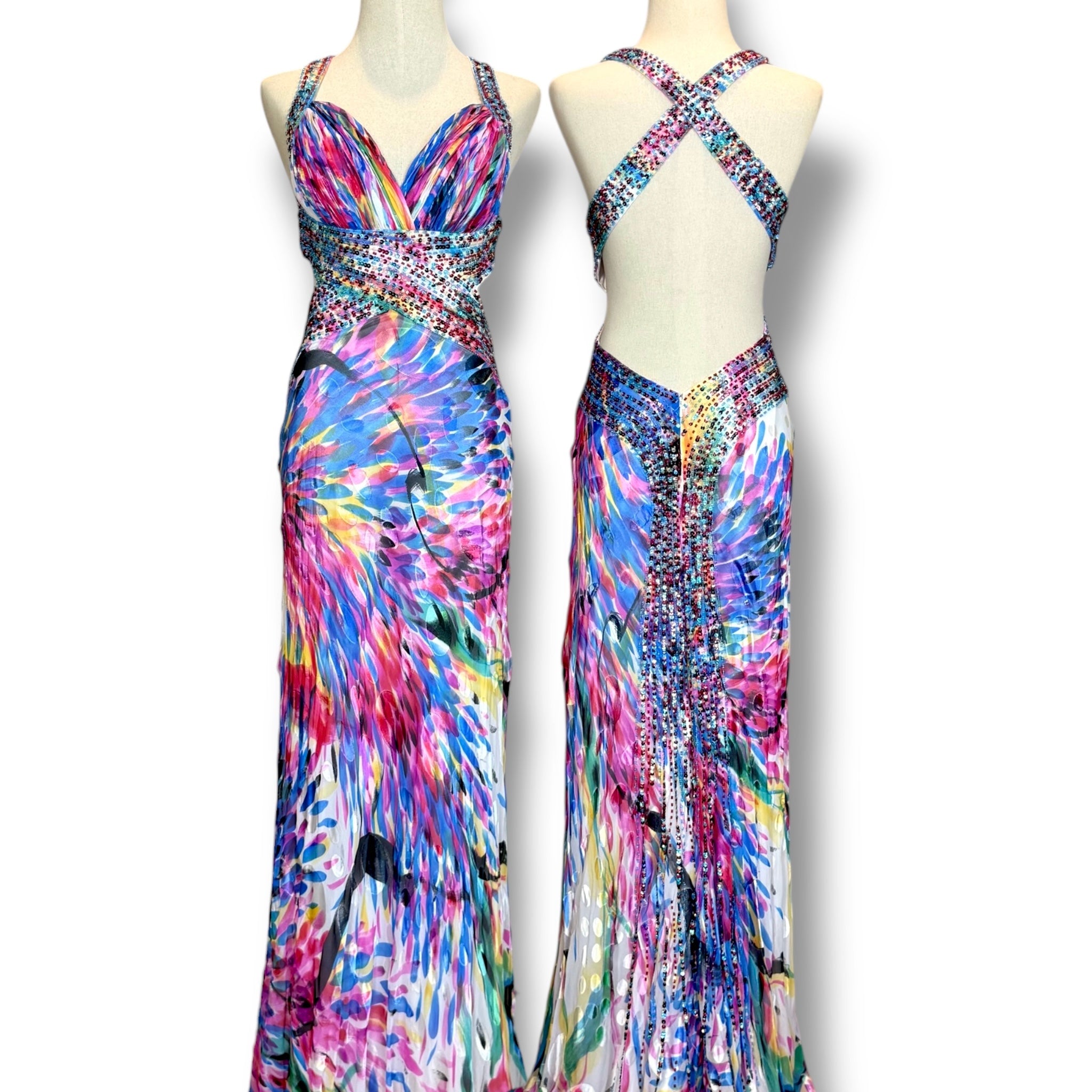 V249 Vintage La Femme Rainbow Crystal Open-Back Gown (S)