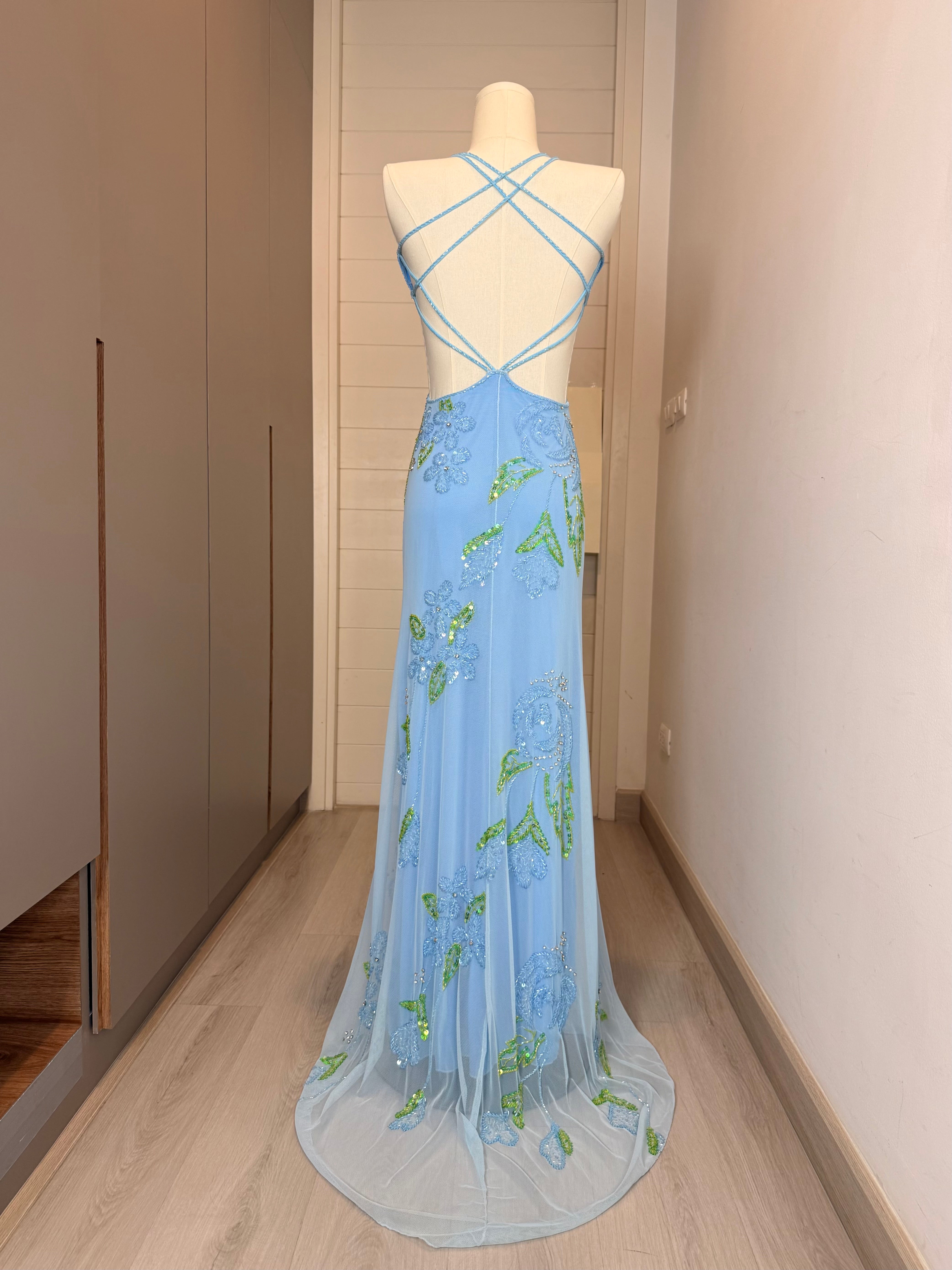 V322 Vintage Attitudes by Debra Powder Blue Enchanted Garden Beaded Strappy Back Gown (XXS)