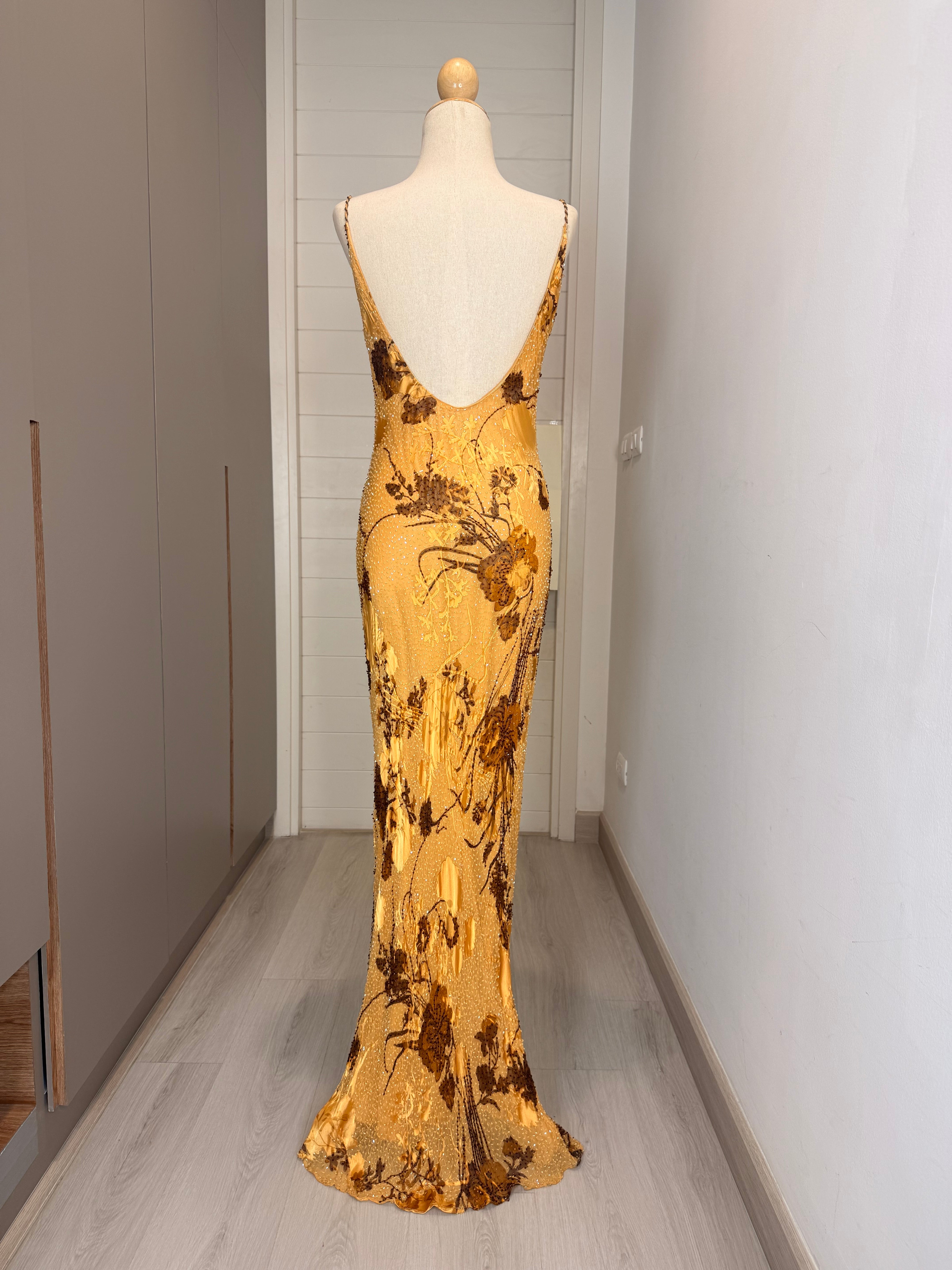 V287 Vintage Golden Meadow Silk Beaded Gown (XS-S)