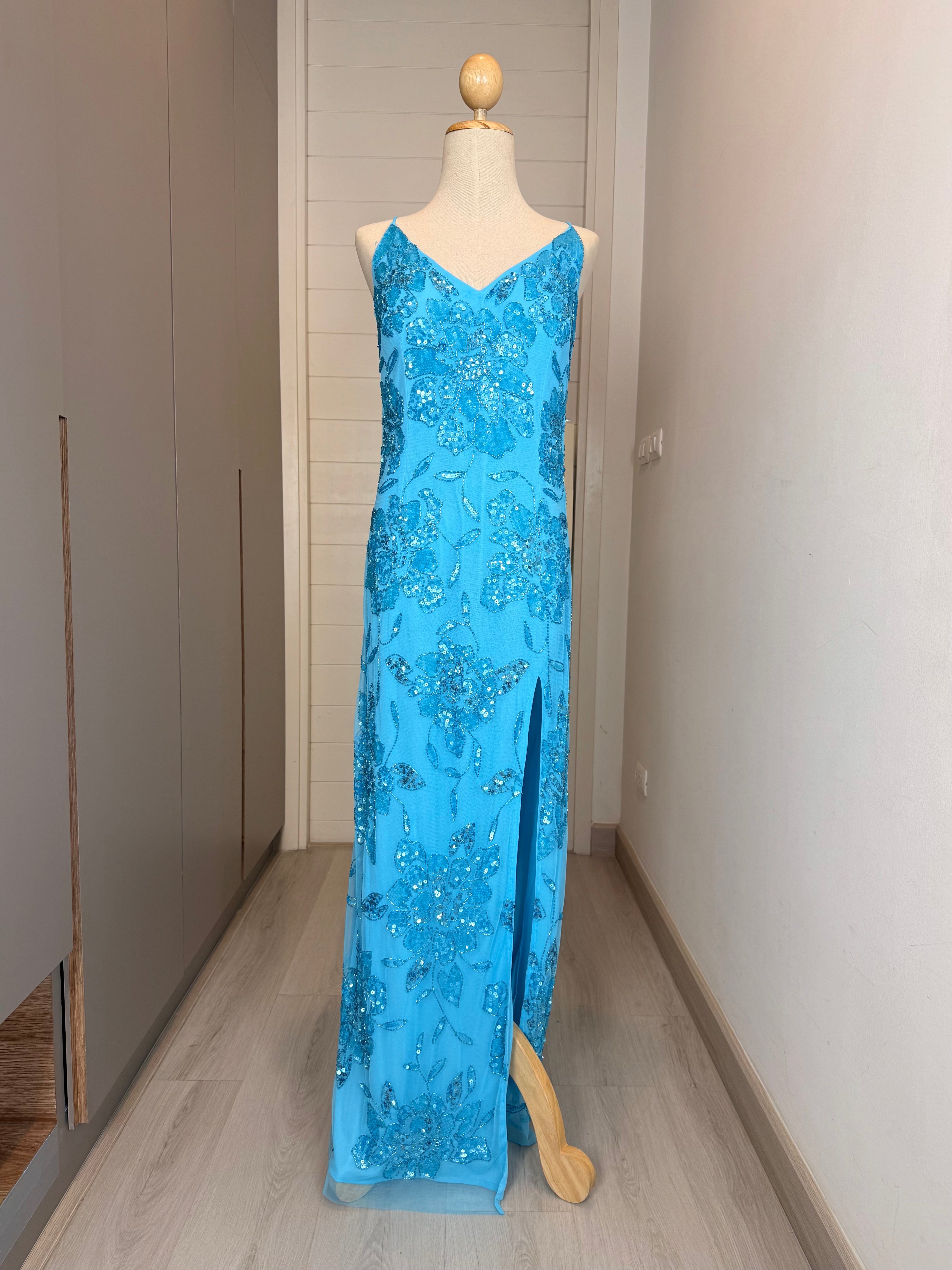 V318 Vintage Caribbean Blue Floral Sequin Slit Gown (L-XL)