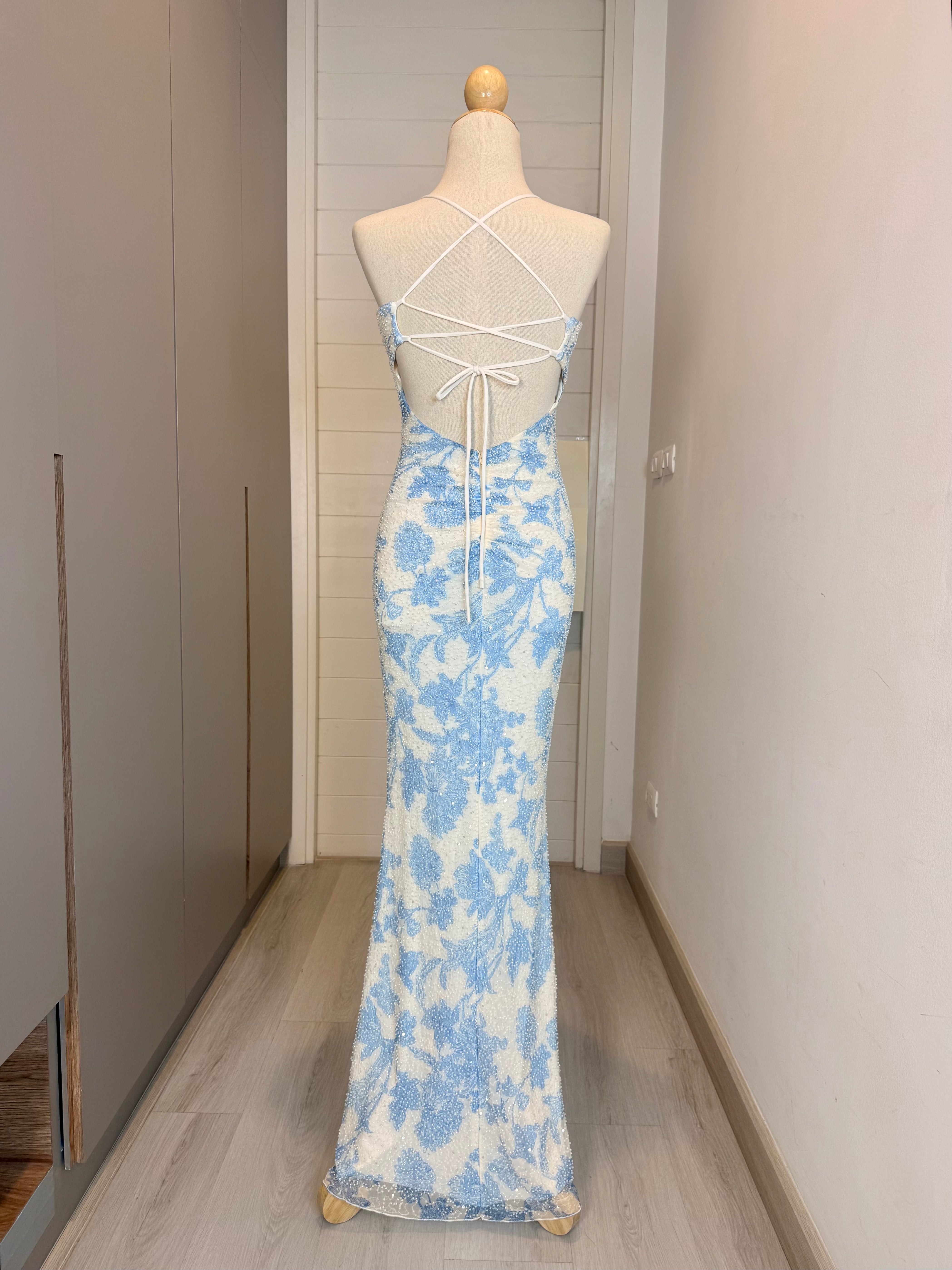 V302 Vintage Blue Porcelain Beaded Open Back Gown (XS-S)