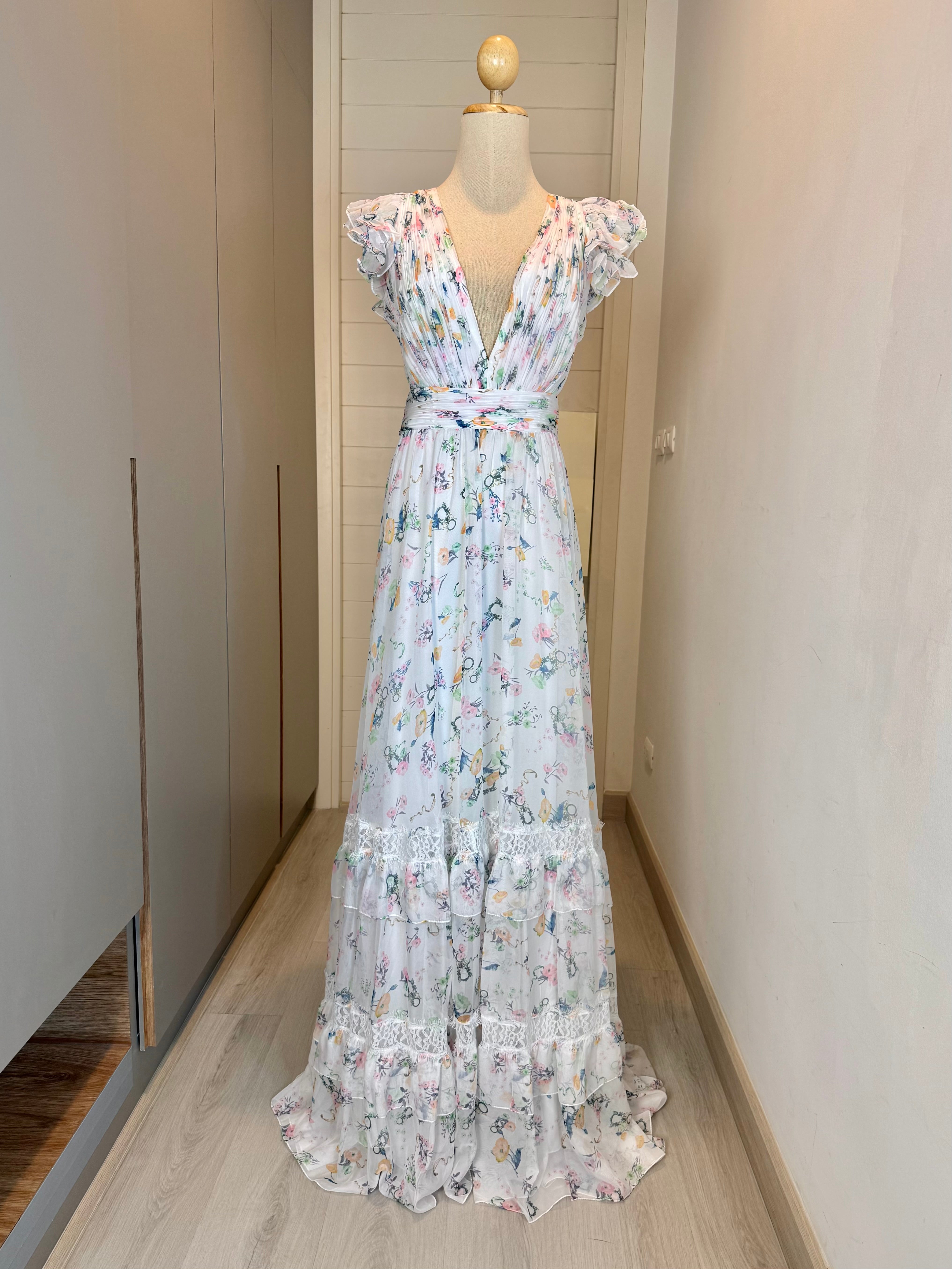 V241 Vintage-Style Mac Duggal Floral Ruffle Maxi Dress (L–XL)