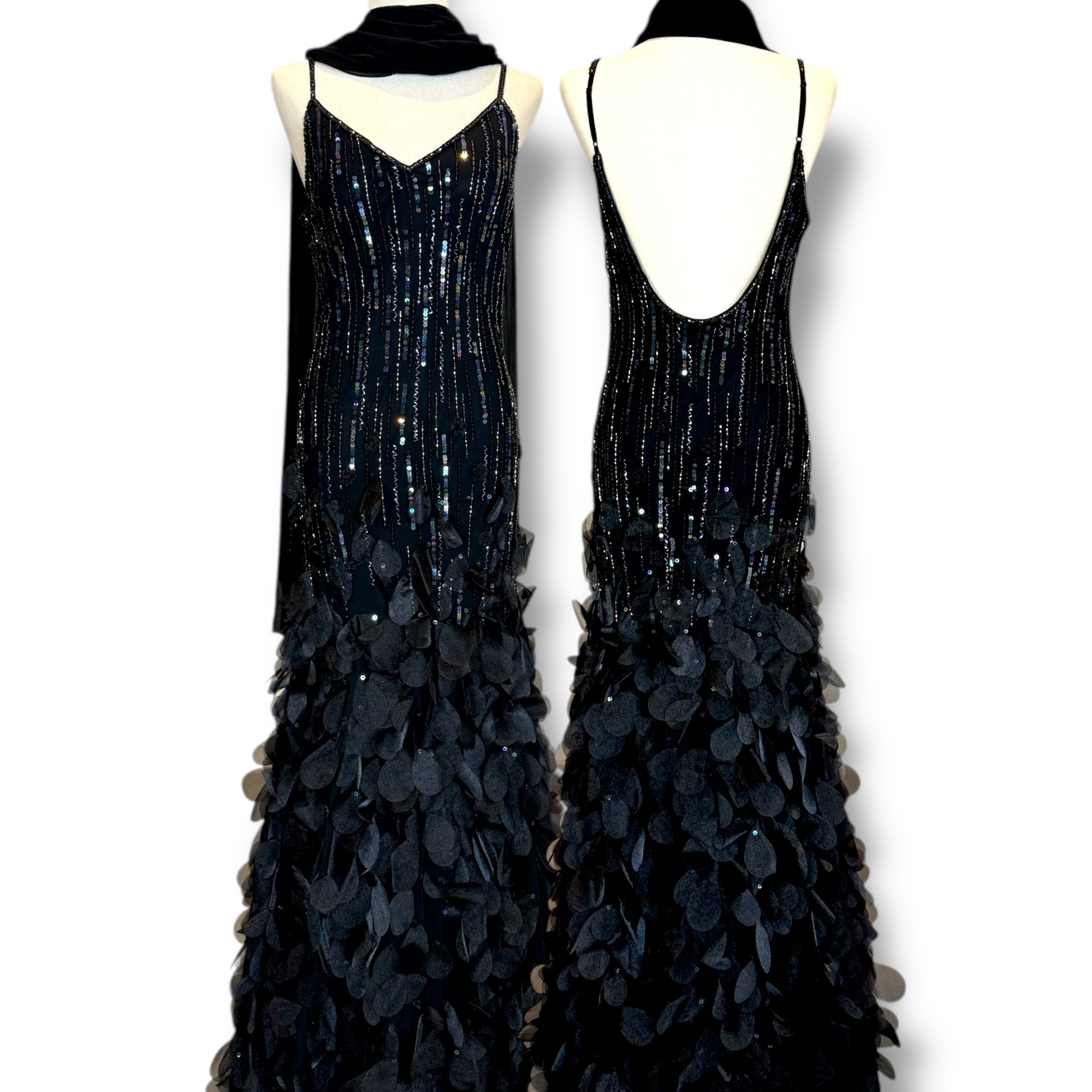 V252 Vintage Sue Wong Midnight Petal Gown (S–M)