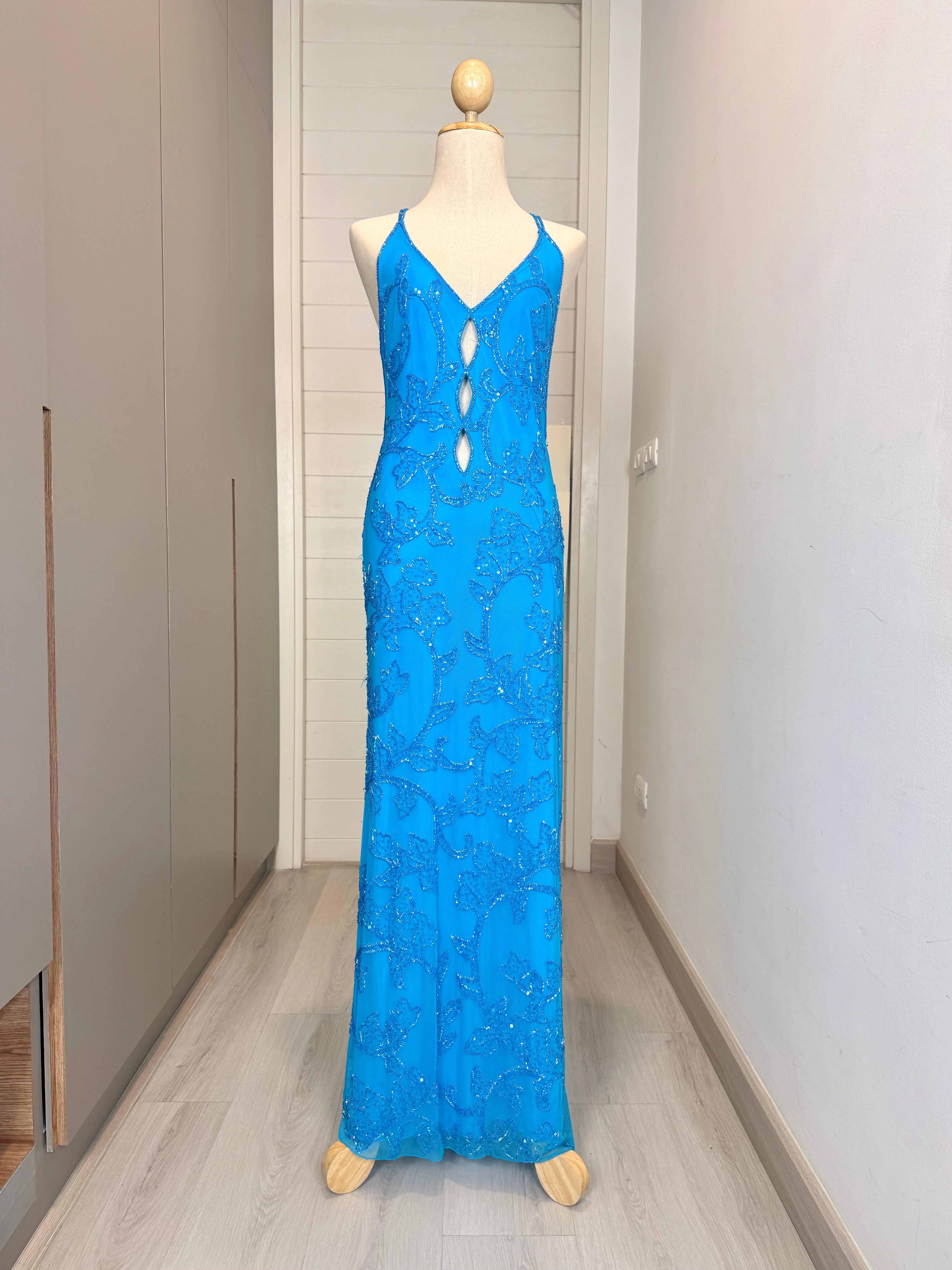 V308 Vintage Cache Azure Blossom Beaded Gown (XS-S)