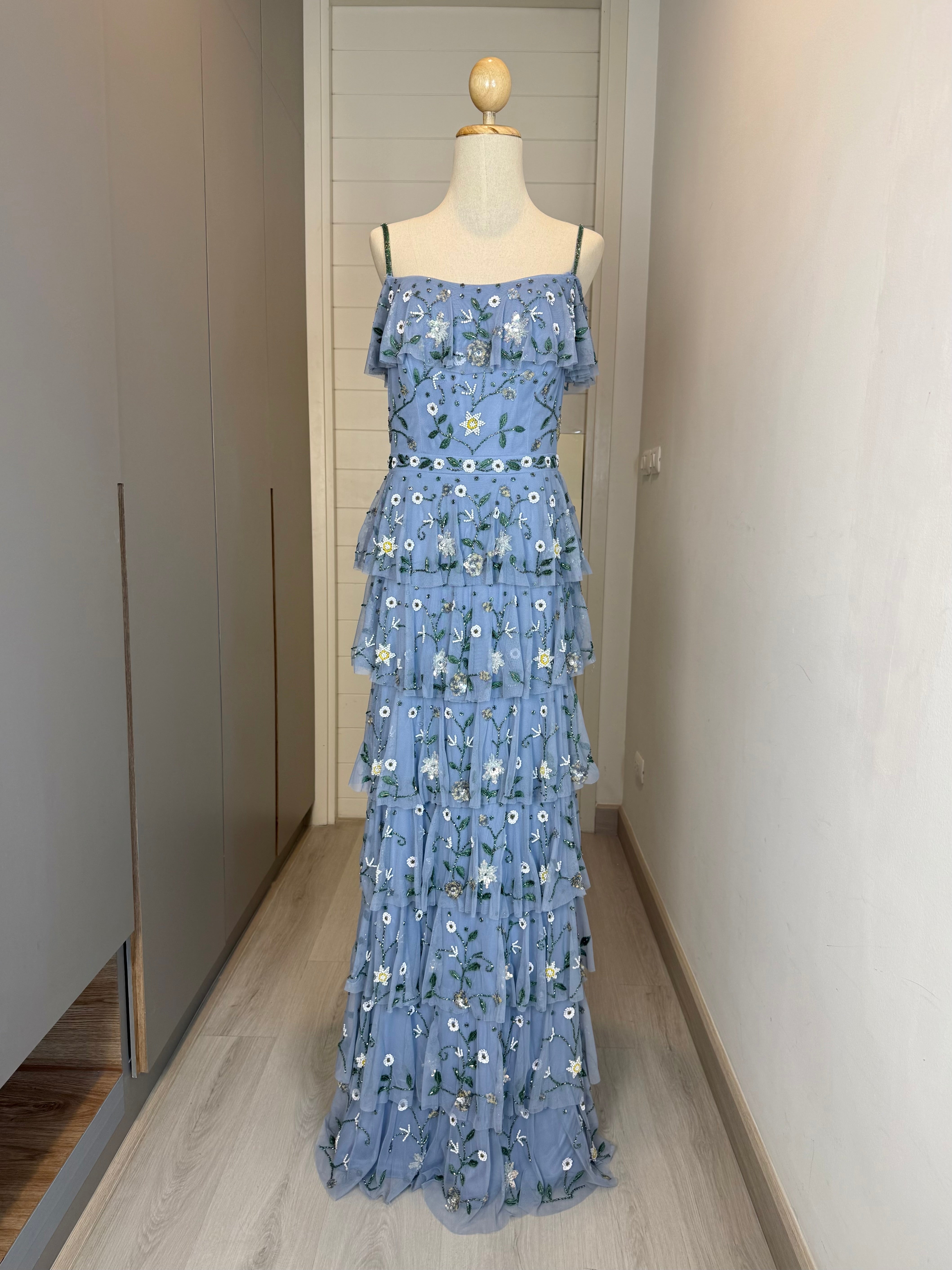 V239 Vintage-Inspired Mac Duggal Tiered Floral Gown (S–M)