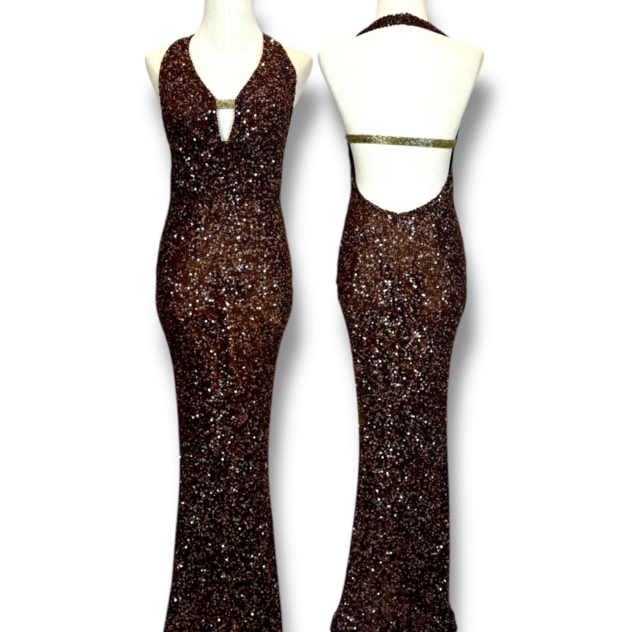 V248 Vintage Scala Chocolate Sequin Halter Gown (S)