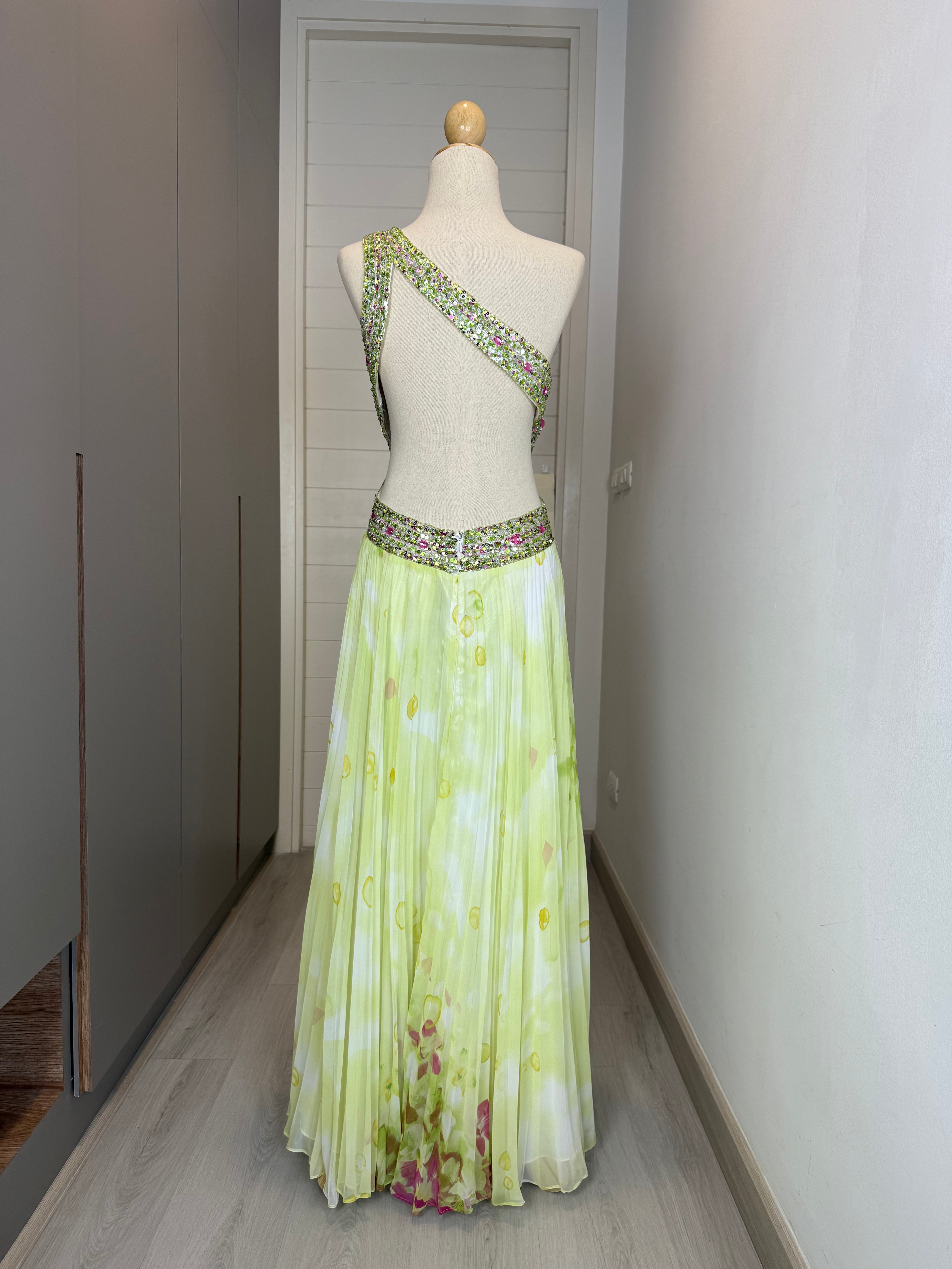 V175 Vintage Super Rare Lime Blossom Crystal Gown (M) (ถูกตัดความยาว สั้นกว่าตัวอื่น)