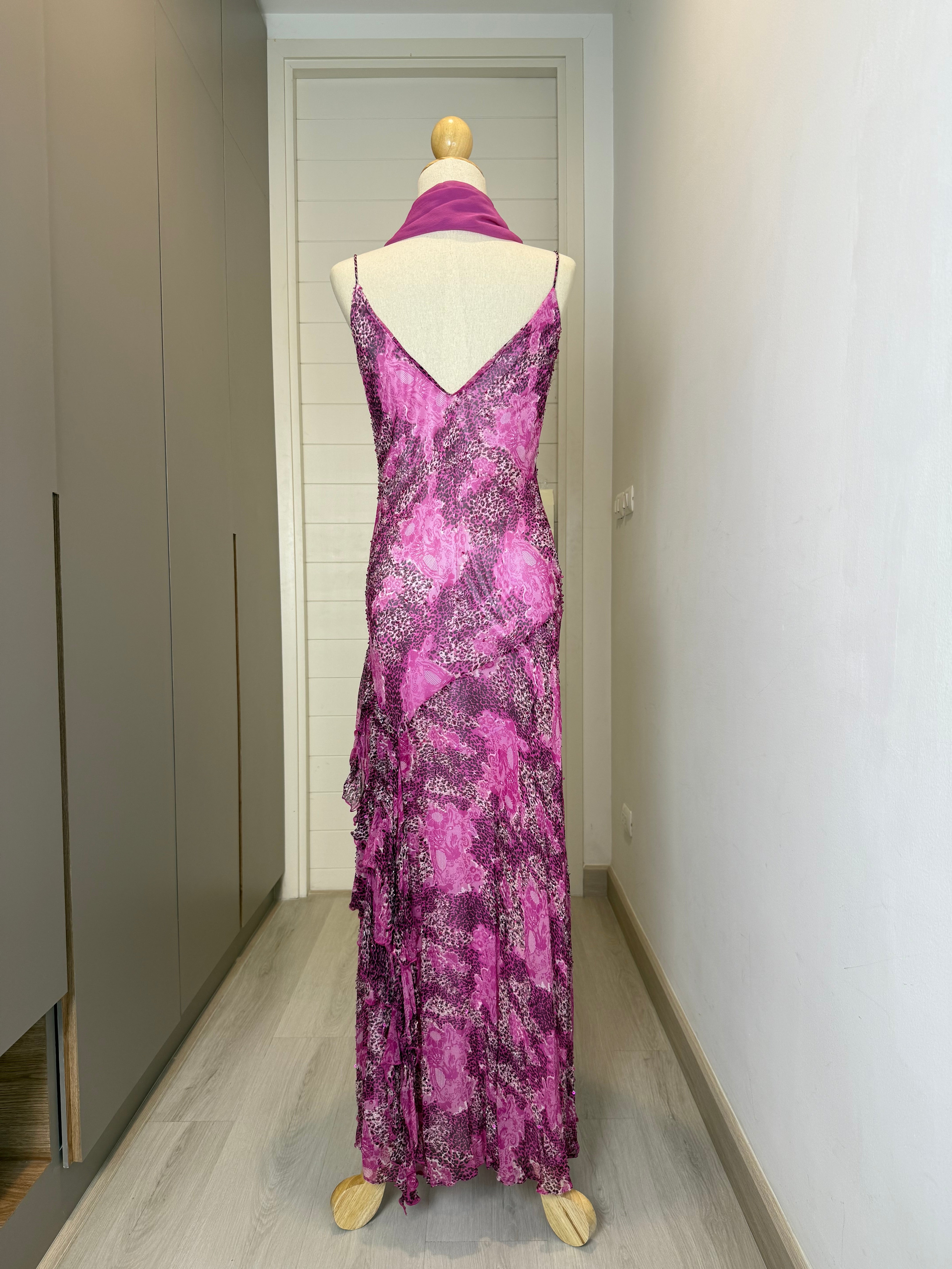 V156 Vintage Pink Leopard Ruffle Dress (XS-S)