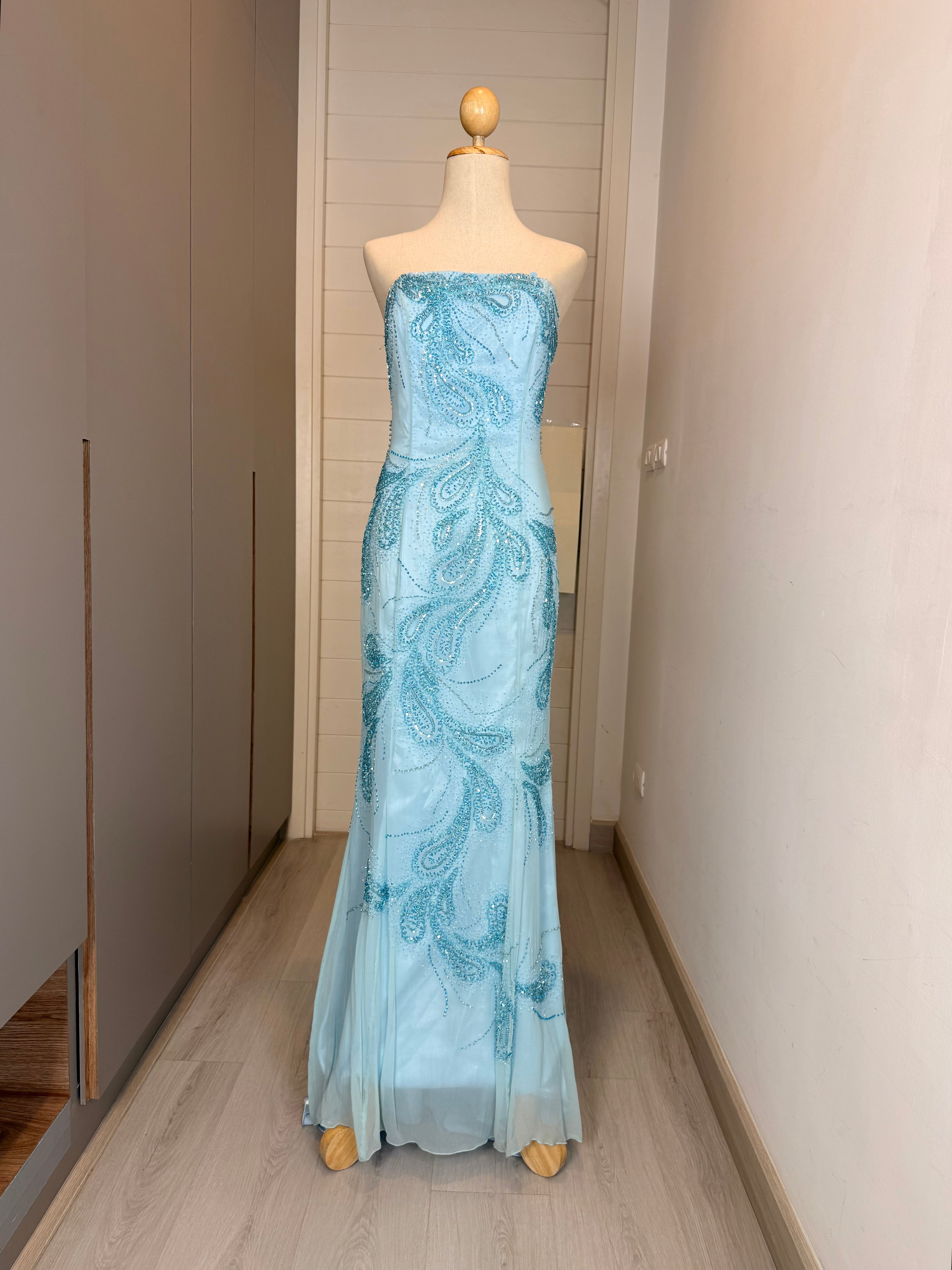 V324 Vintage Icy Aqua Paisley Crystal Strapless Gown (M-L)