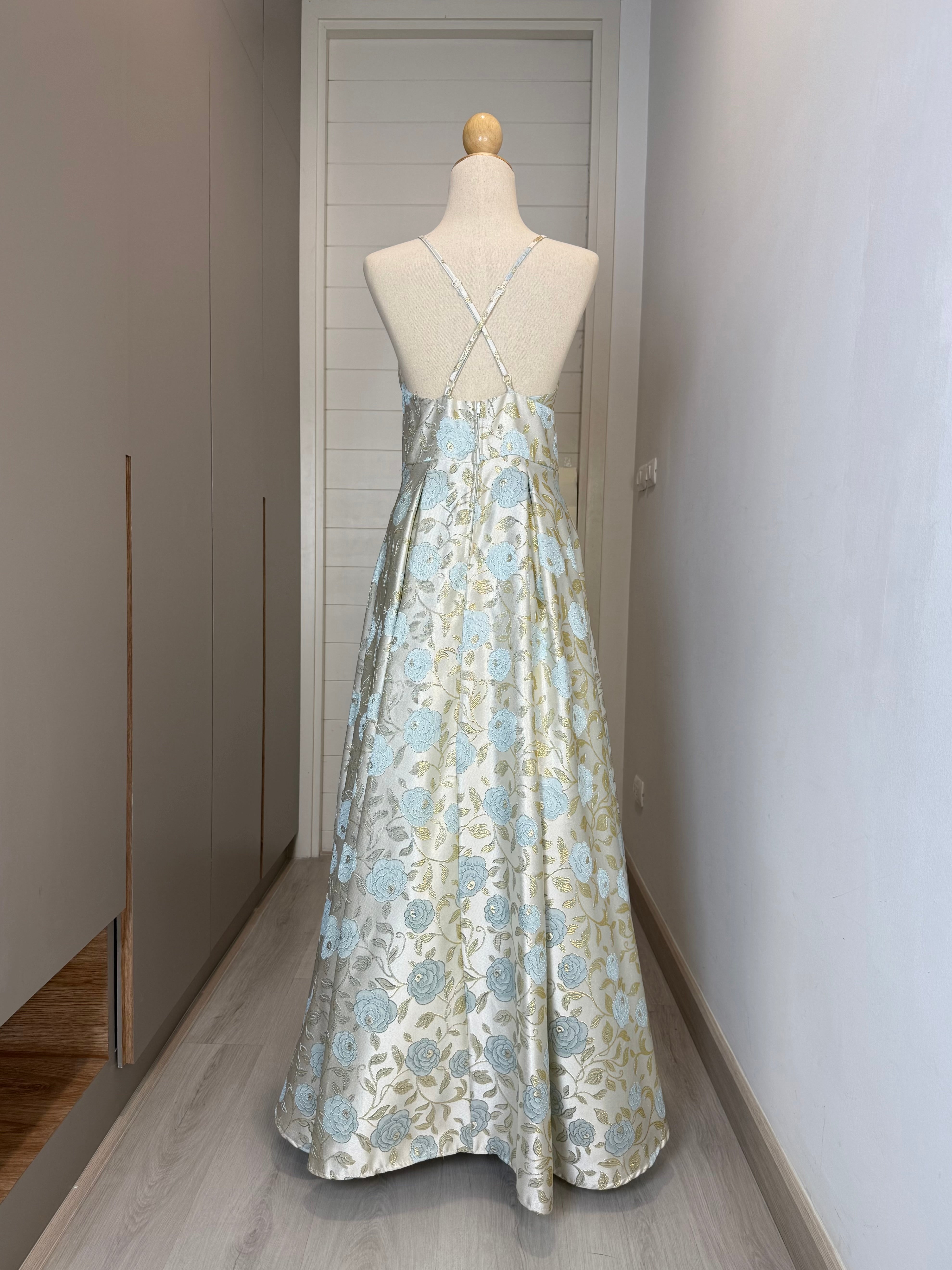 V187 Vintage Pastel Bloom Brocade Dress (XS-S)