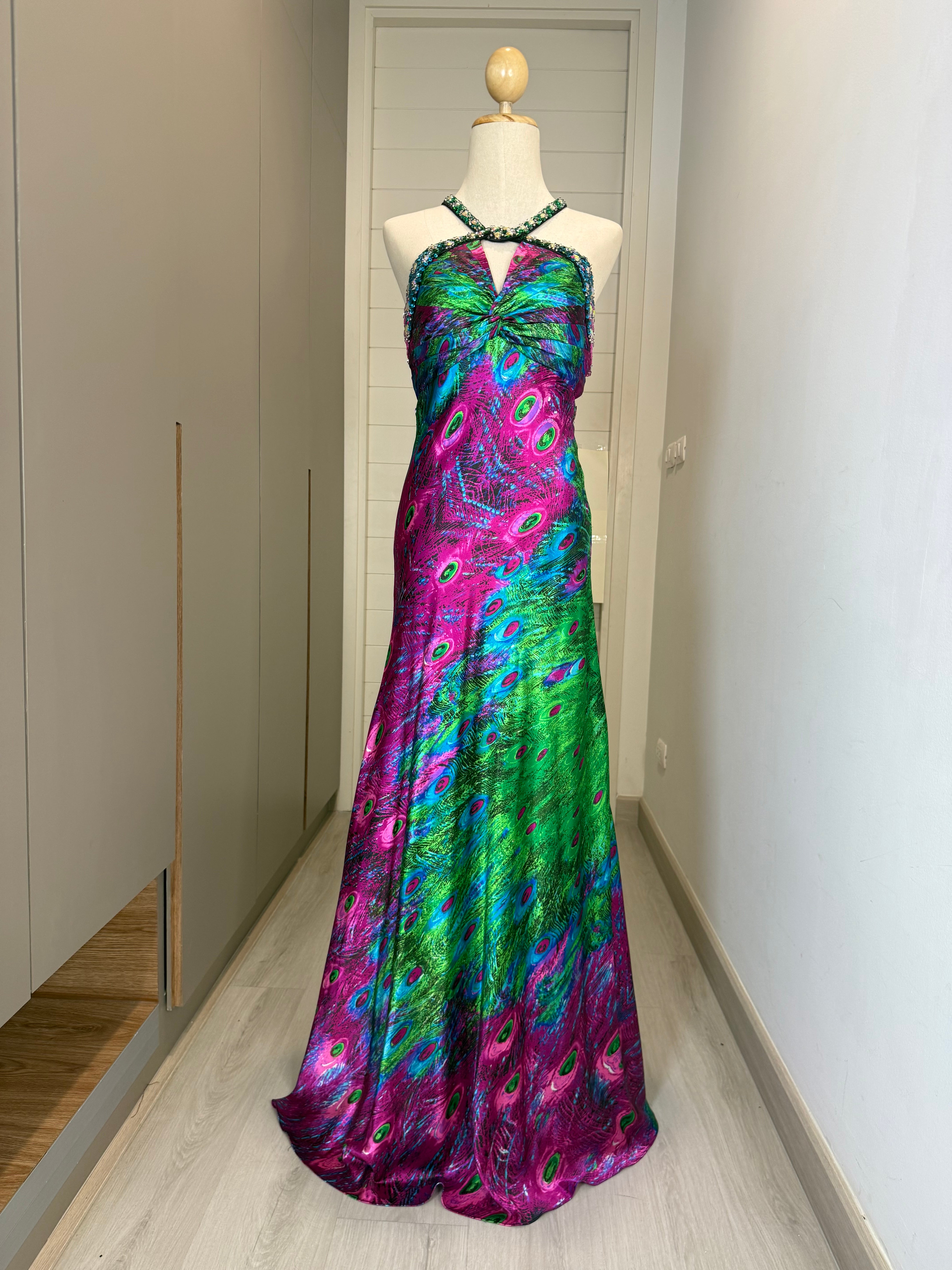 V259 Vintage Night Moves Peacock Jewel Beaded Gown (XS–S)