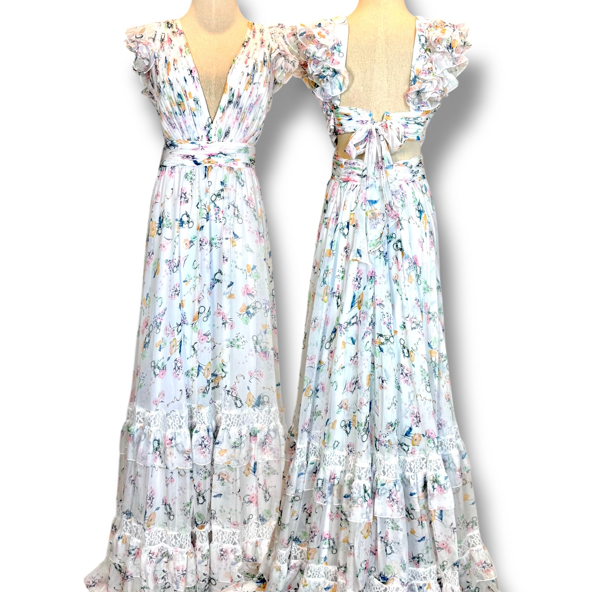 V241 Vintage-Style Mac Duggal Floral Ruffle Maxi Dress (L–XL)