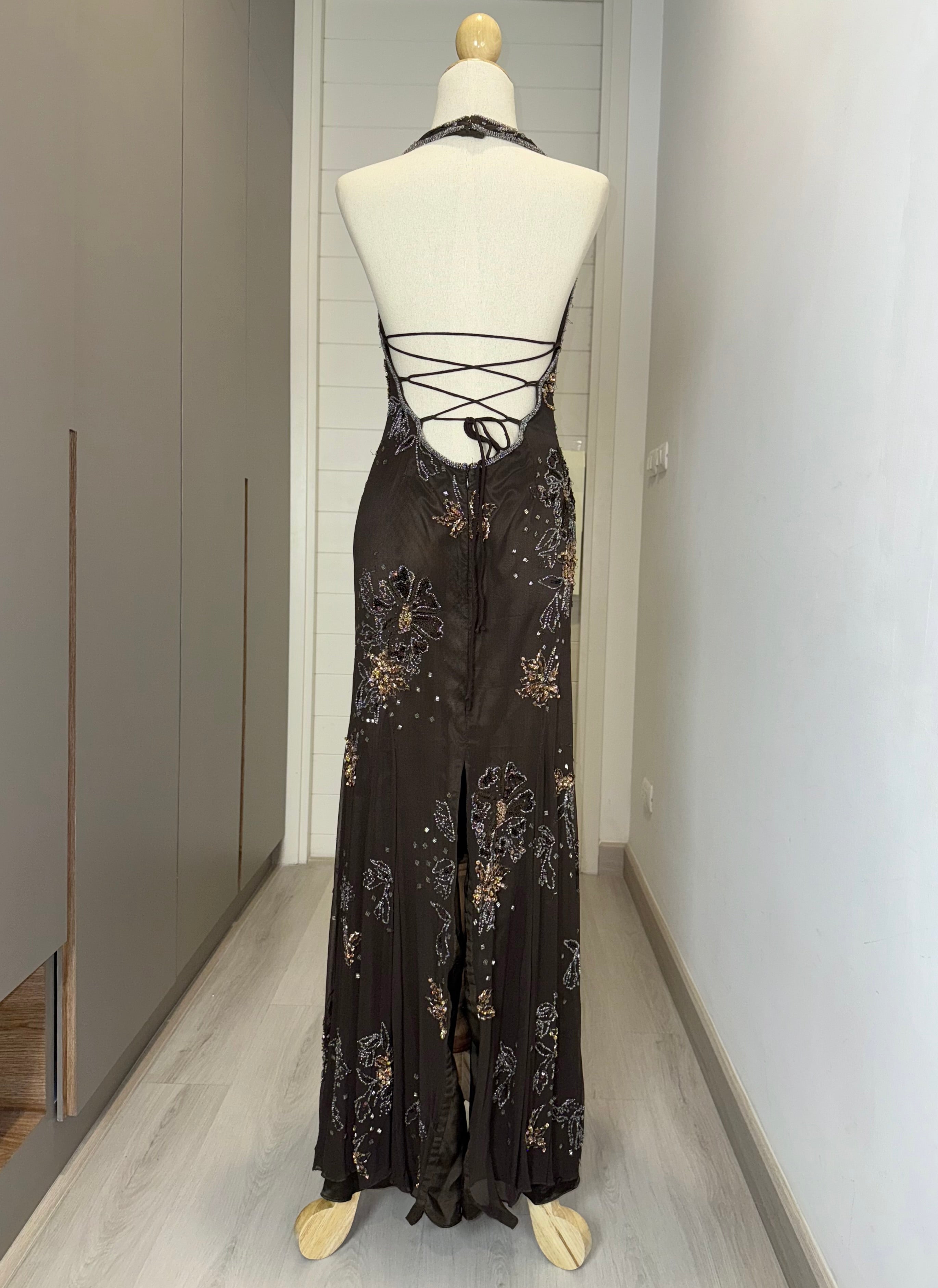 V140 Vintage Super Rare Scala Mocha Bloom Sequin Halter Dress (M)