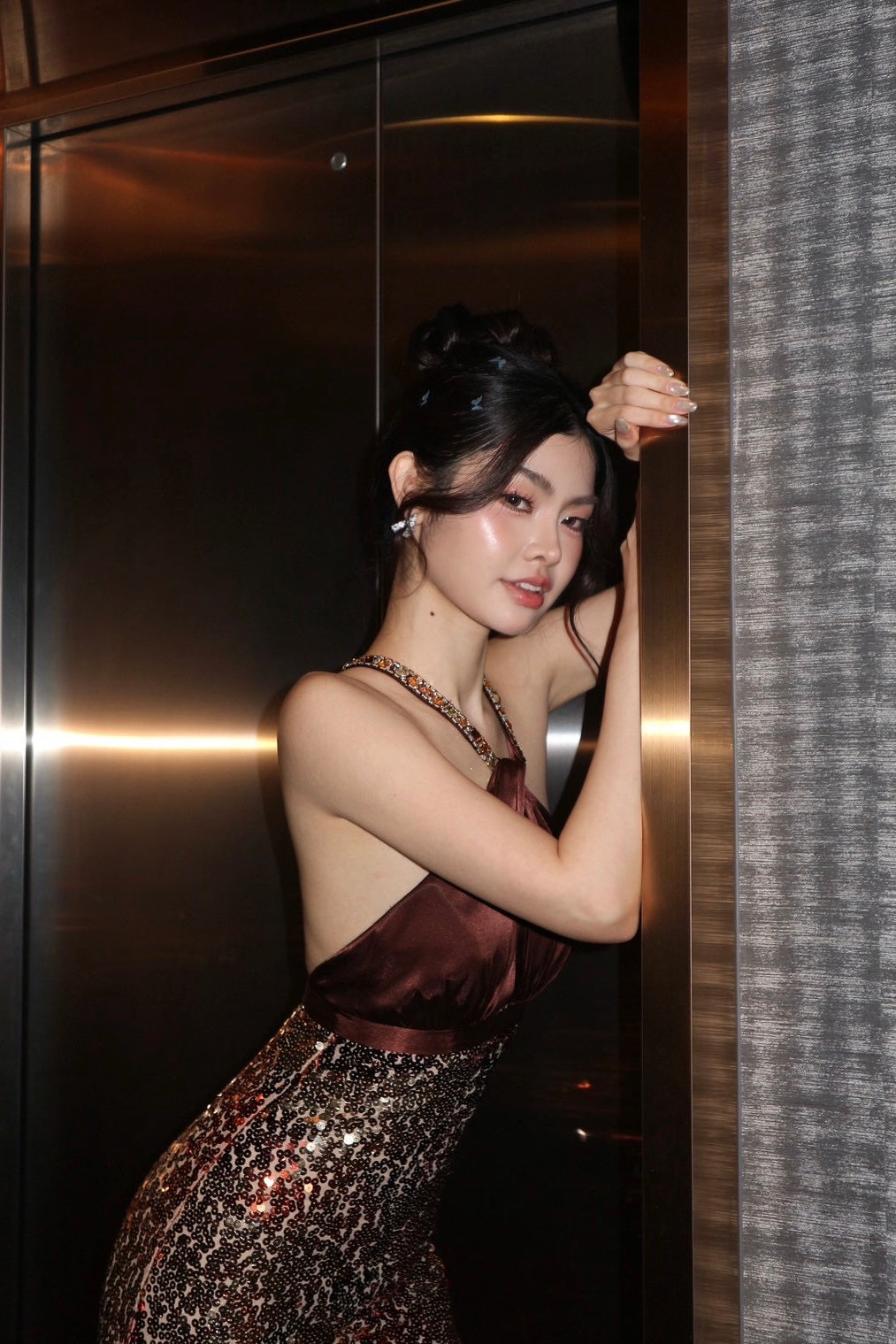 V129 Vintage Super Rare Golden Mocha Sequins Gown (XS-S)