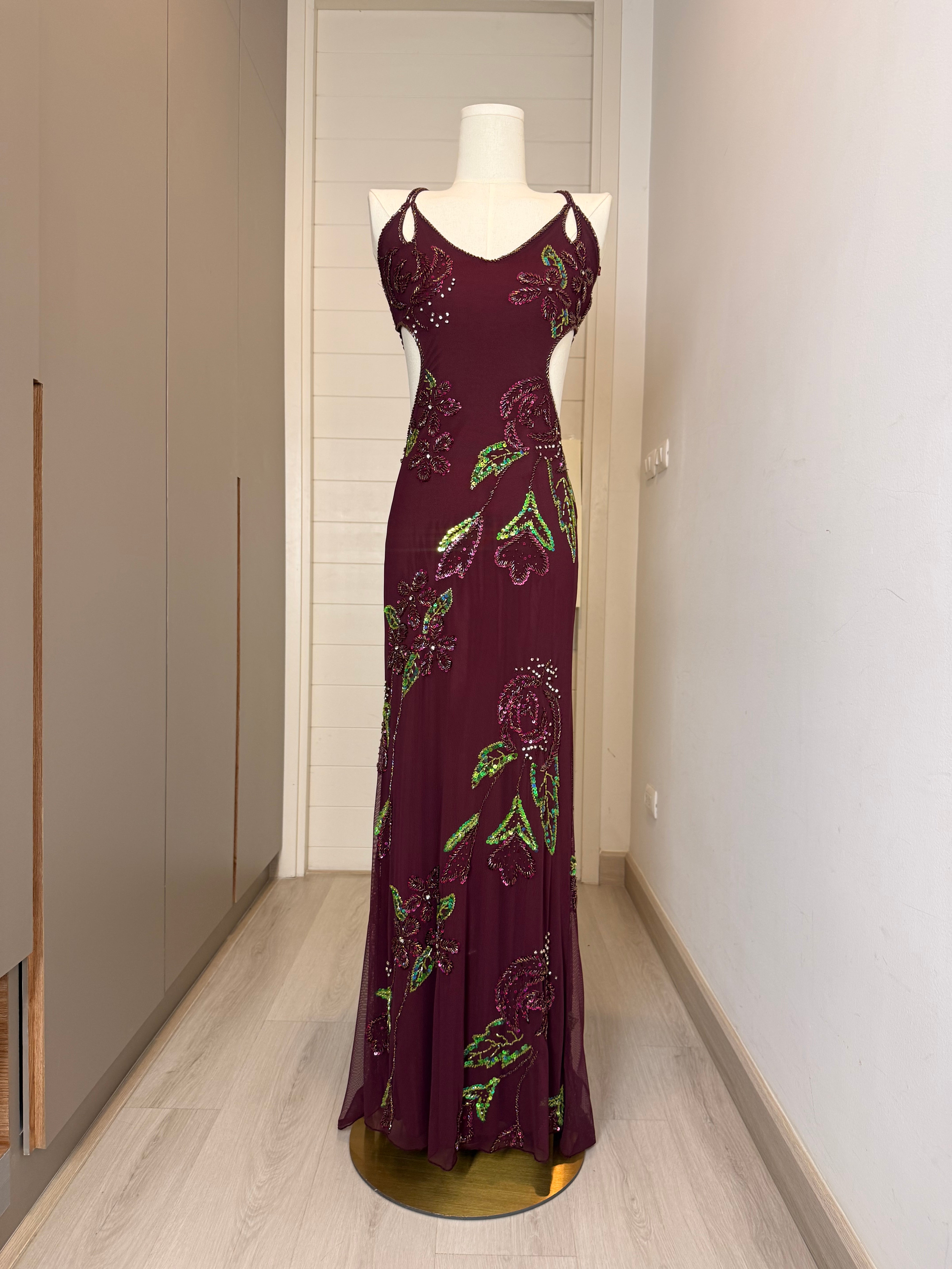 V321 Vintage Attitudes by Debra Burgundy Garden Beaded Strappy Back Gown (XXS)