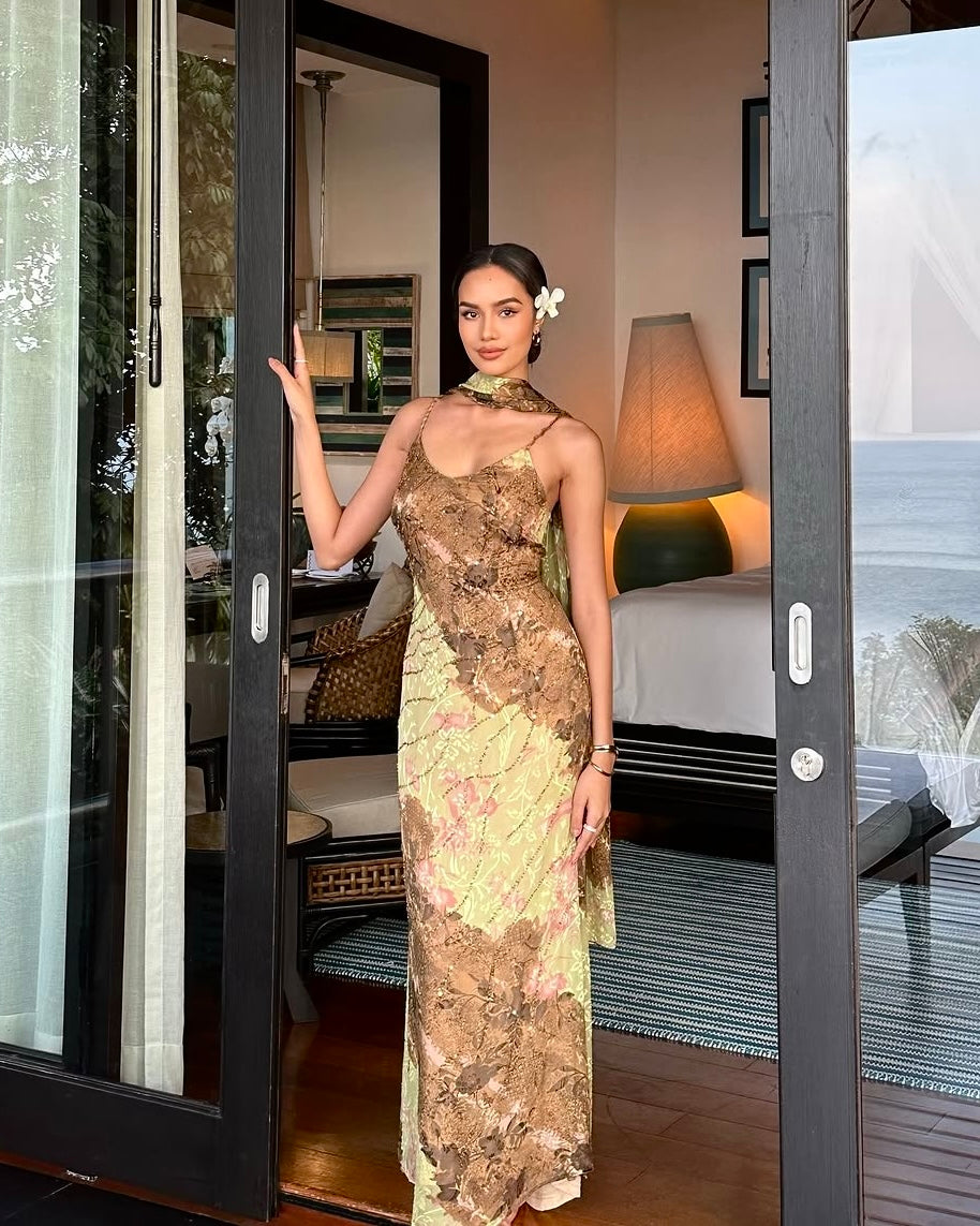 V68 Vintage Super Rare Brown & Sage Green Evening Gown (XS-S)