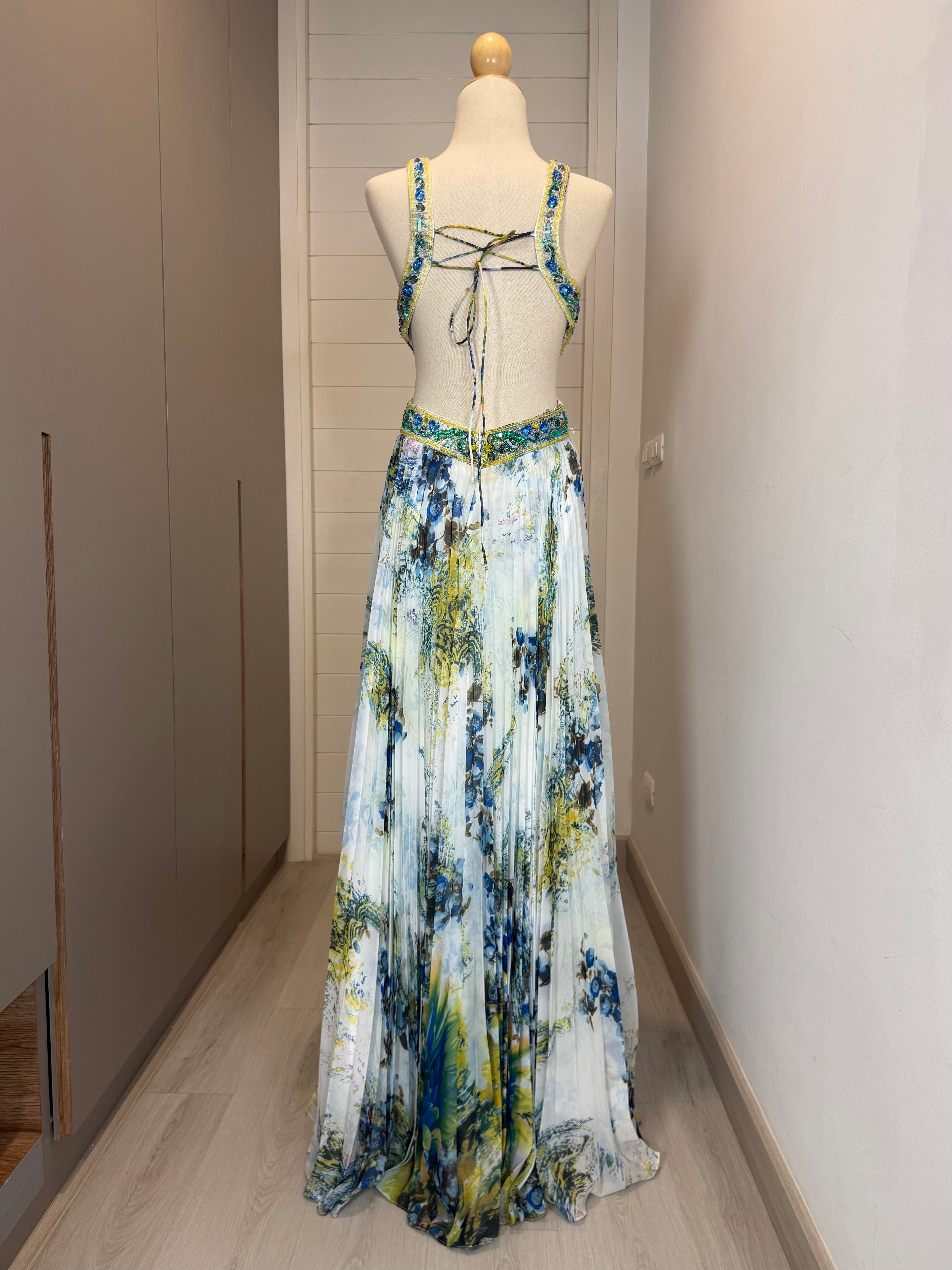 V268 Vintage Sapphire Garden Beaded Cut-Out Gown (XS–S)