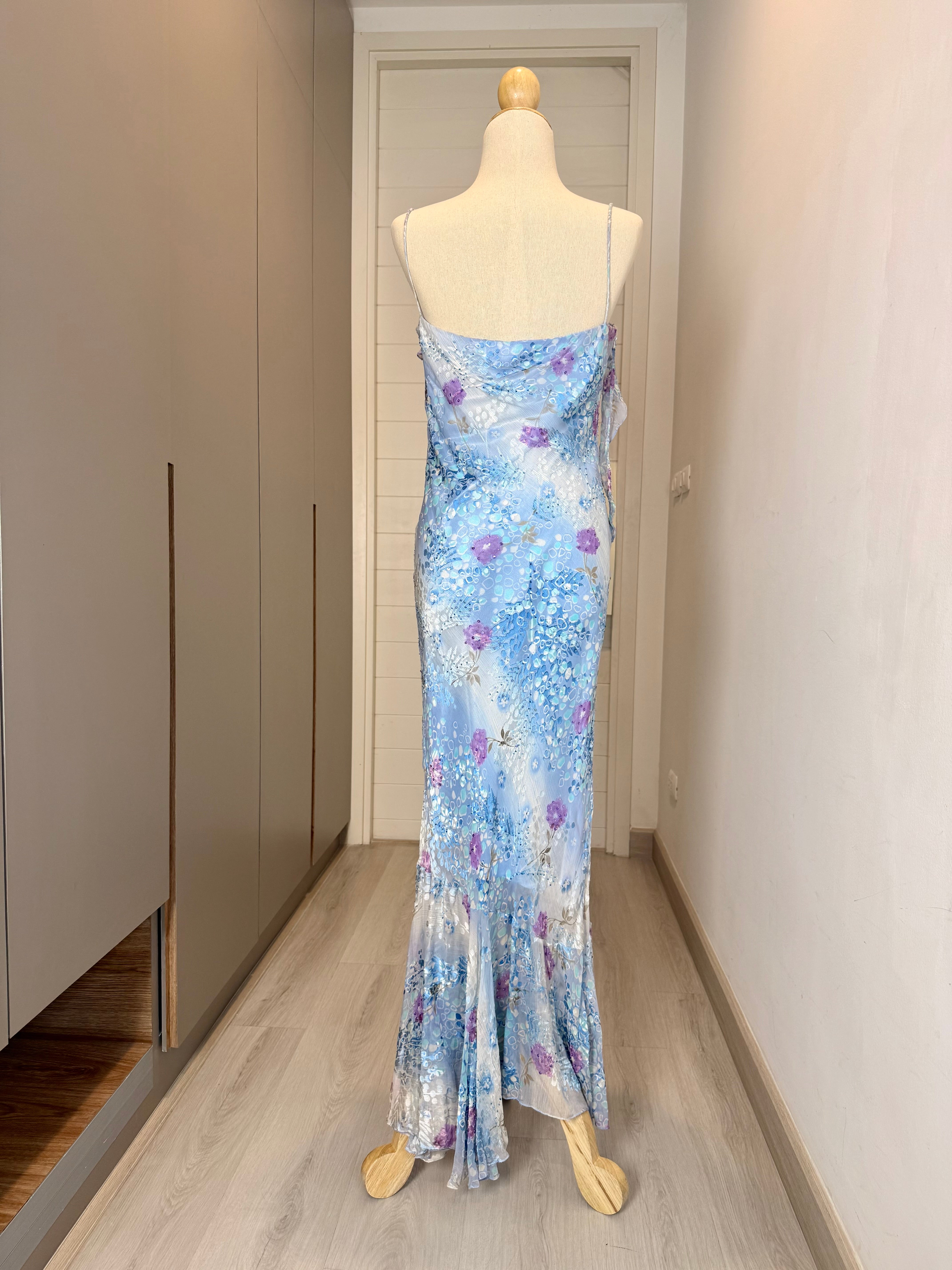 V269 Vintage Lillie Rubin Bluebell Mist Ruffle Gown (S-M)