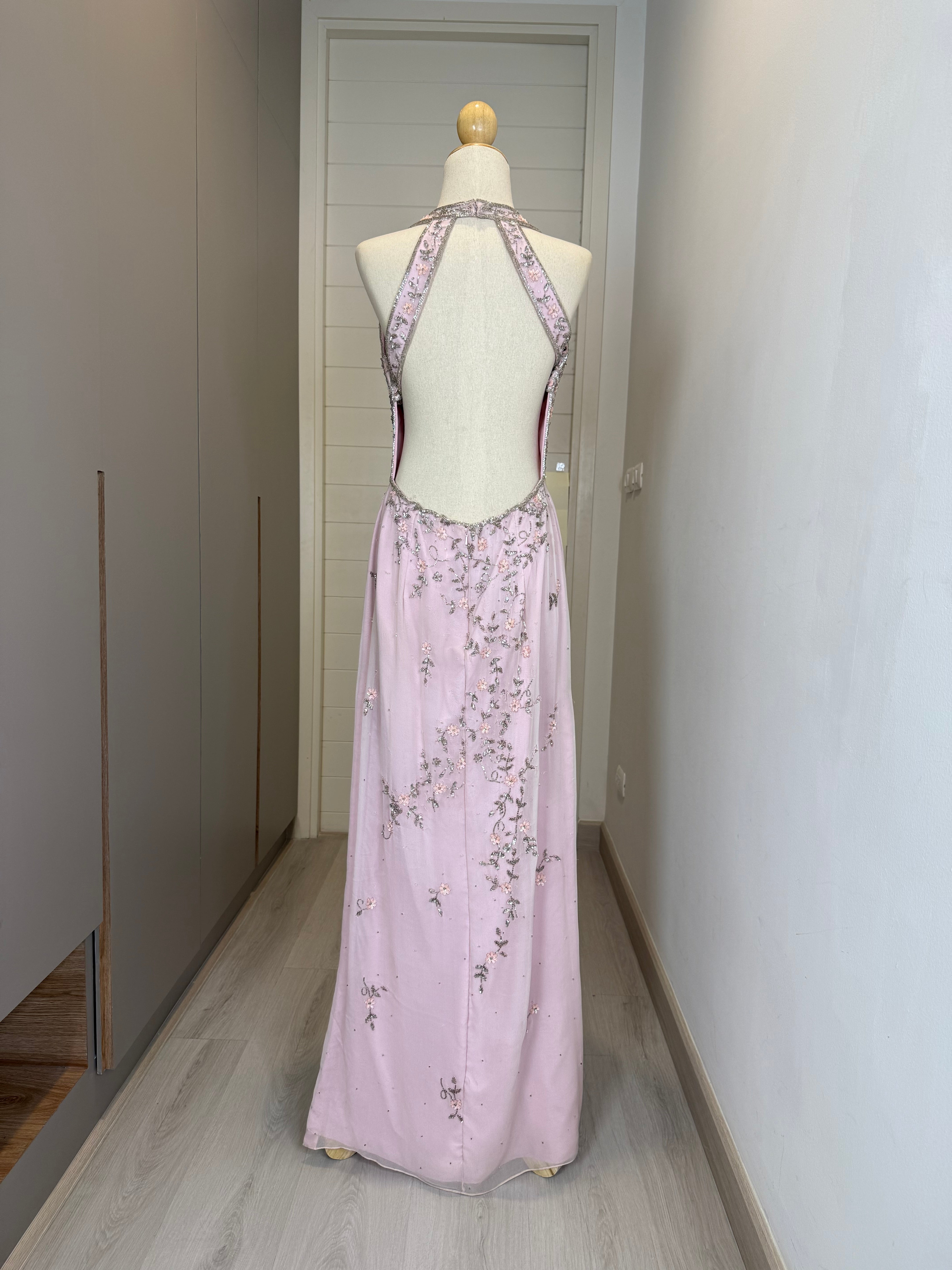 V131 Blush Pink Vintage Halter Dress with Sequin Embroidery (L-XL)