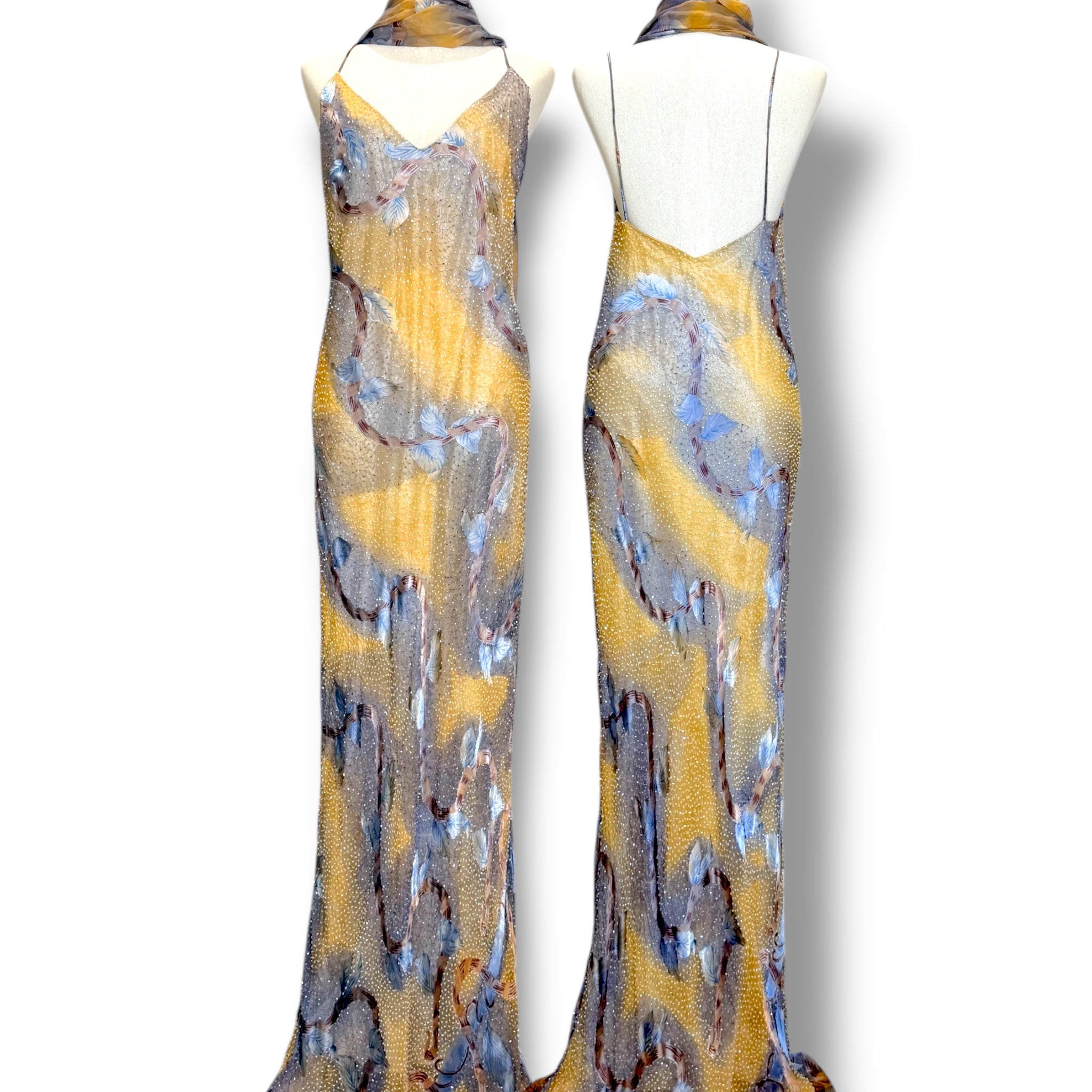 V227 Vintage Golden Dusk Floral Scarf Slip Dress (XL)