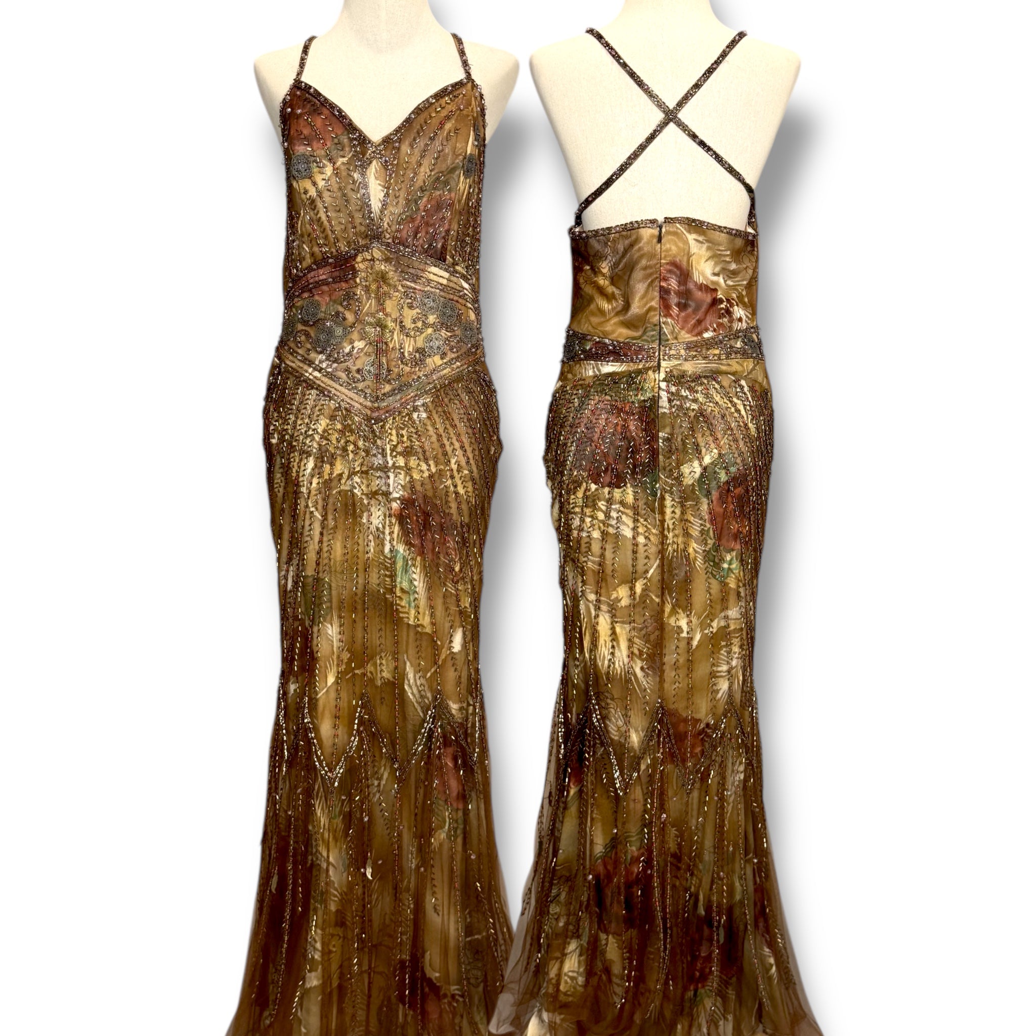 V256 Vintage Amber Boho Beaded Gown (M-L)