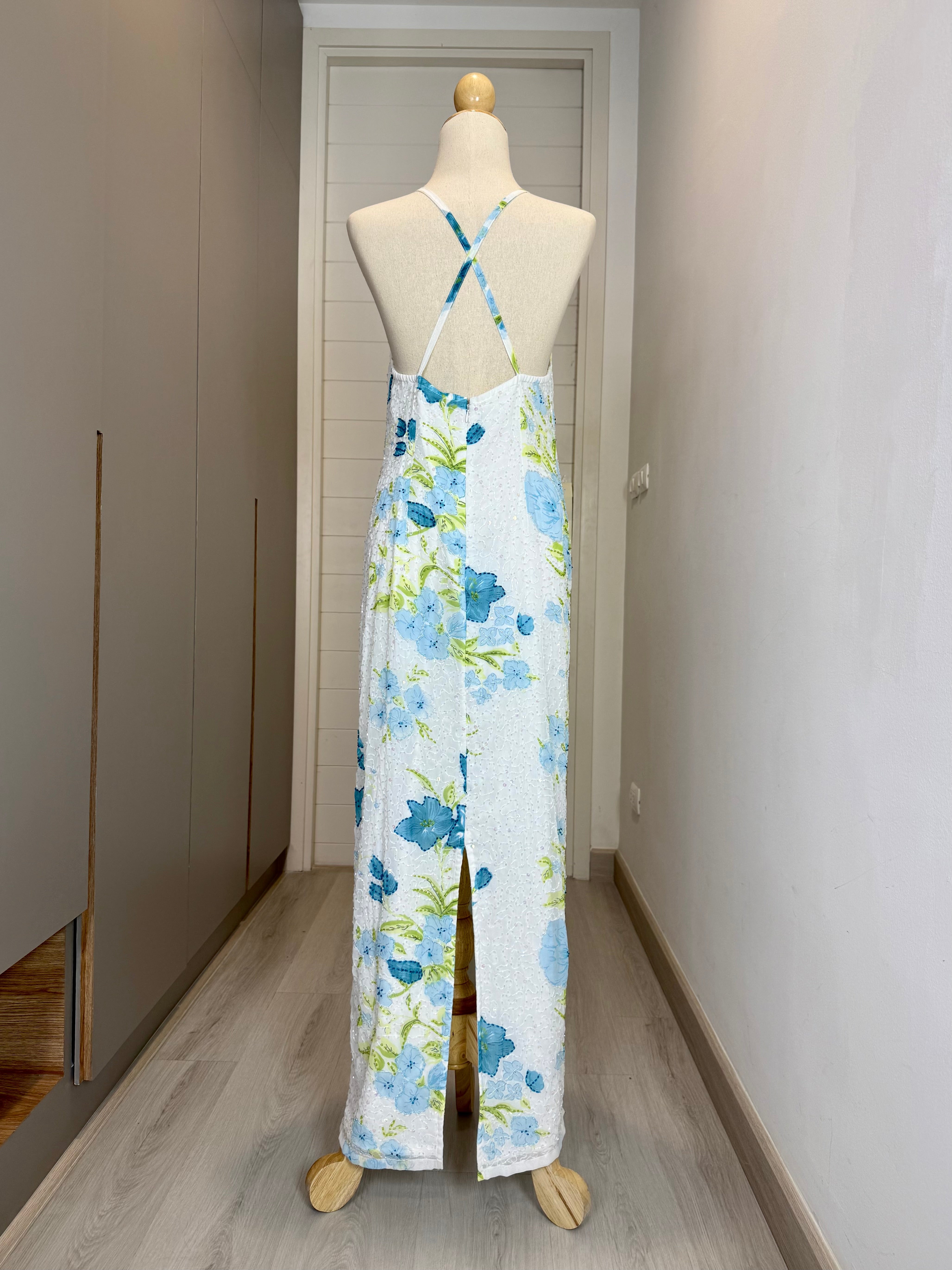 V149 Vintage Blue Bloom Sequin Halter Dress (M)