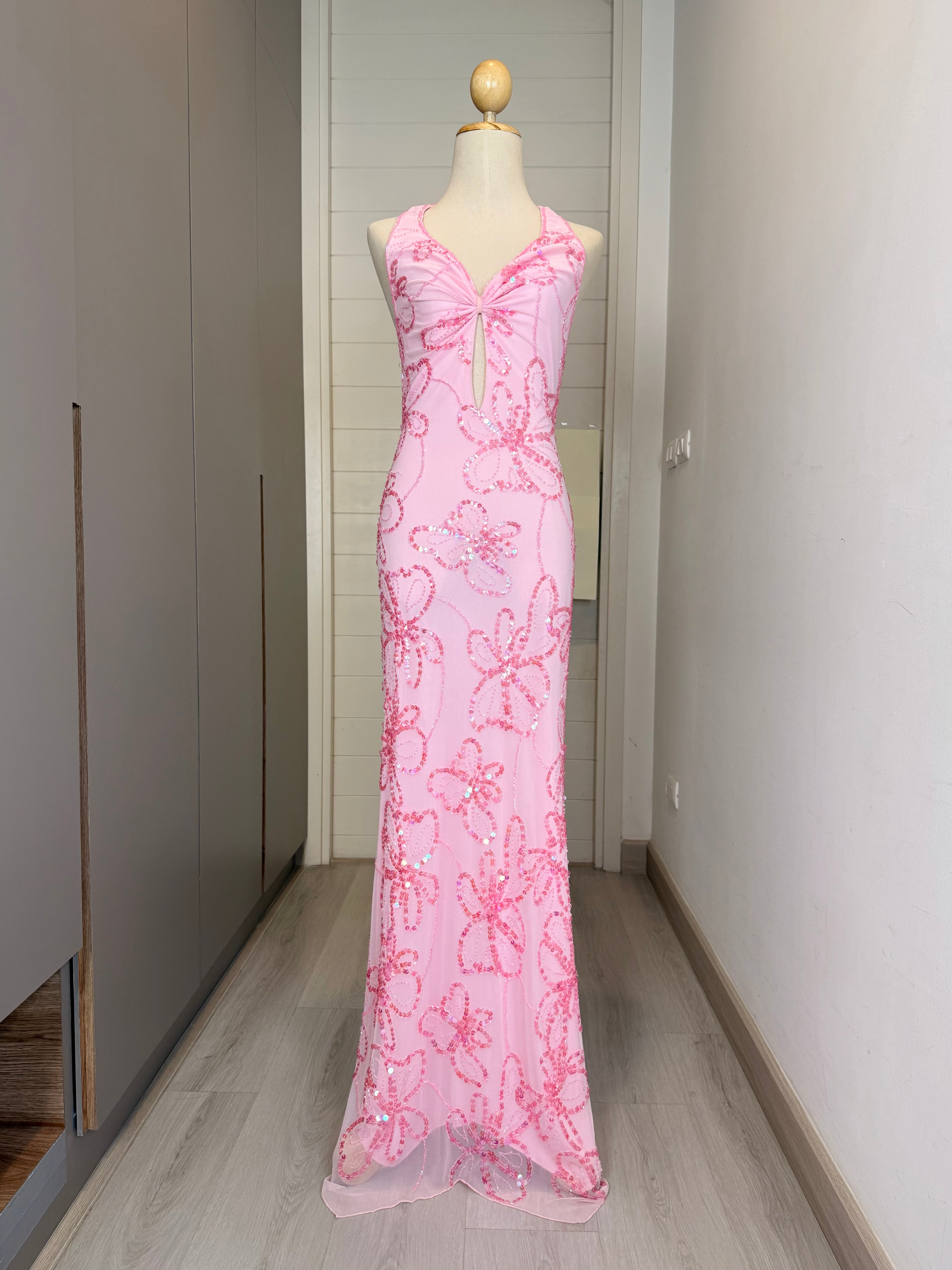 V315 Vintage Attitudes by Debra Pink Hibiscus Sequin Halter Gown (XS-S)