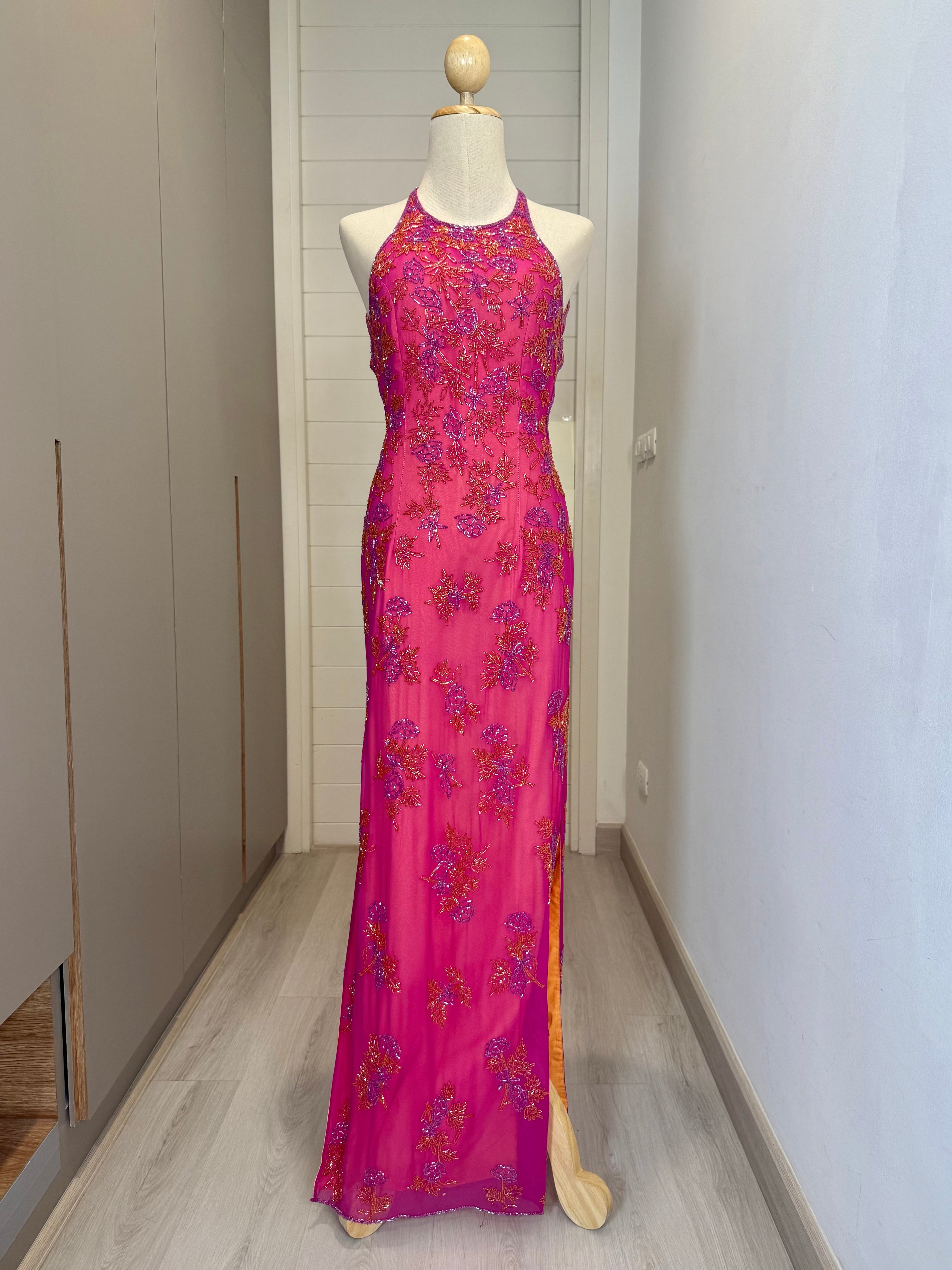V251 Vintage Fuchsia Beaded Halter Backless Gown (XS–S)