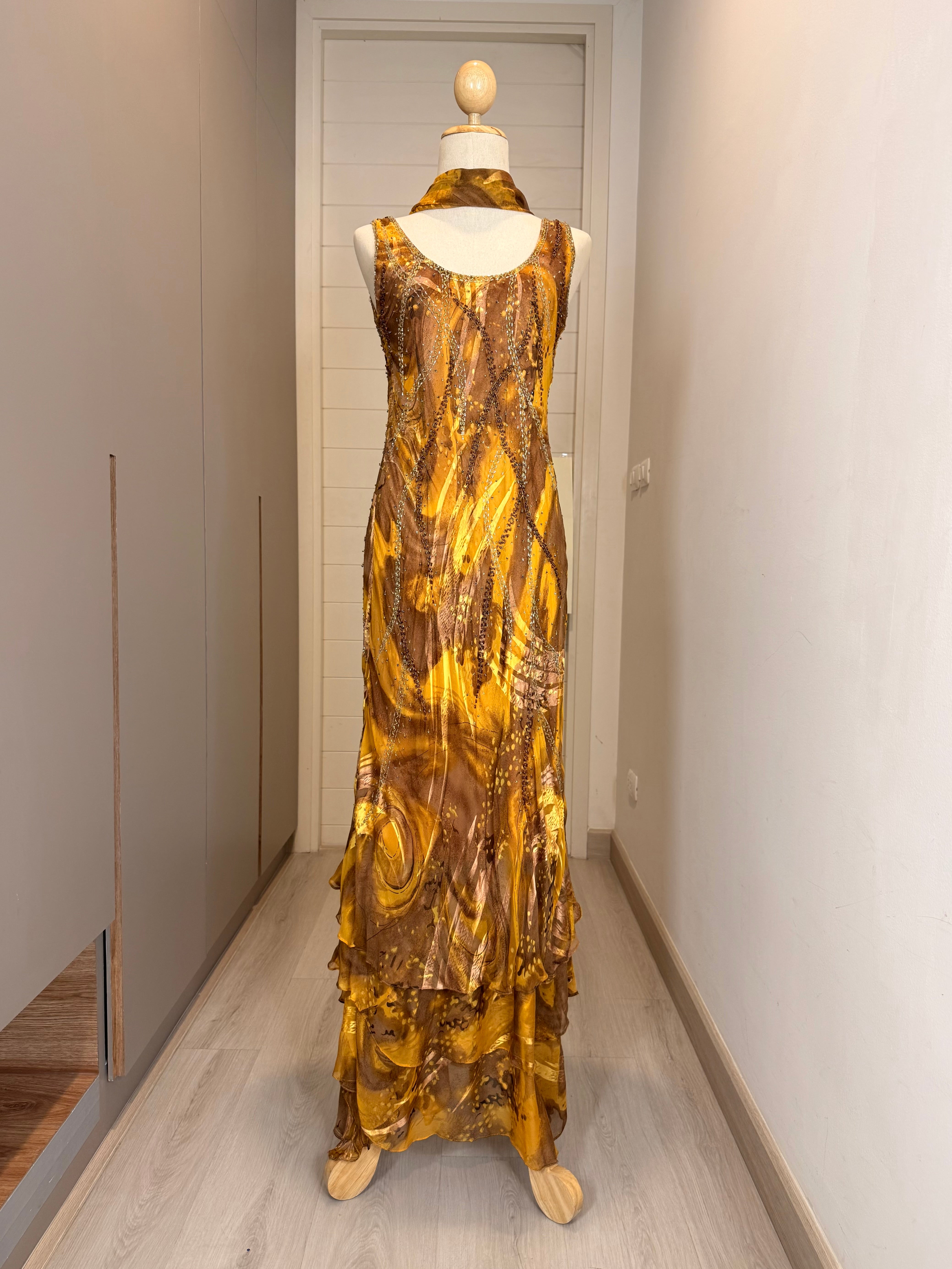 V293 Vintage Golden Amber Silk Scarf Dress (S-M)